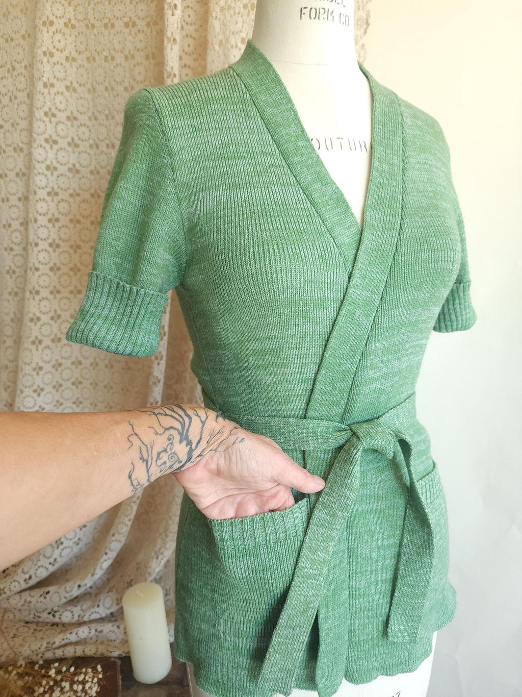 Vintage 1970s Surplice Wrap Cardigan Sweater With Belt and Pockets