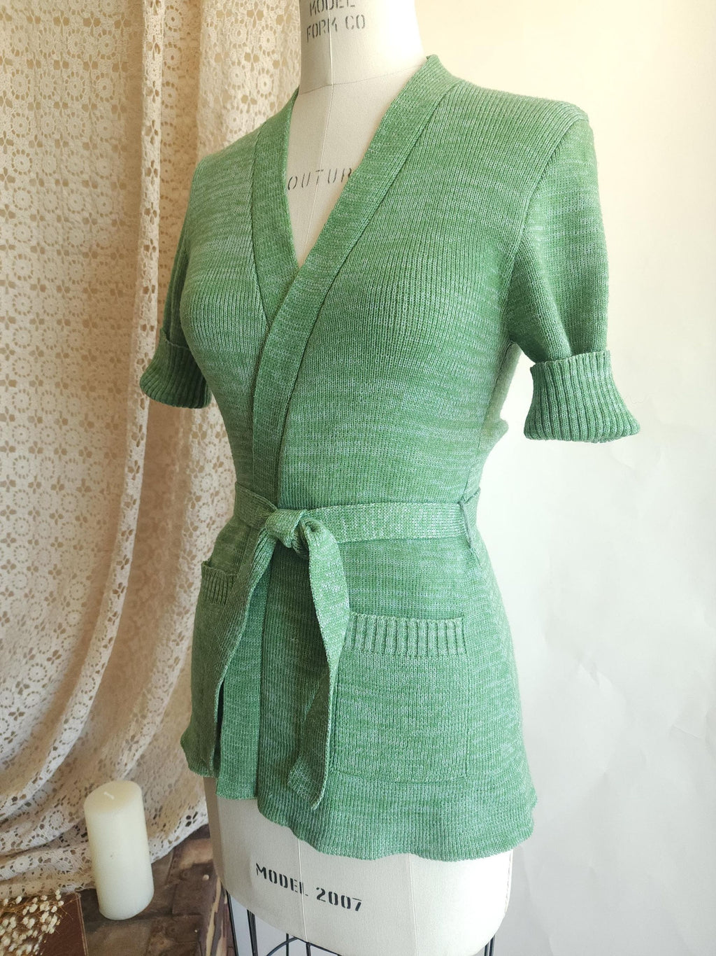 Vintage 1970s Surplice Wrap Cardigan Sweater With Belt and Pockets