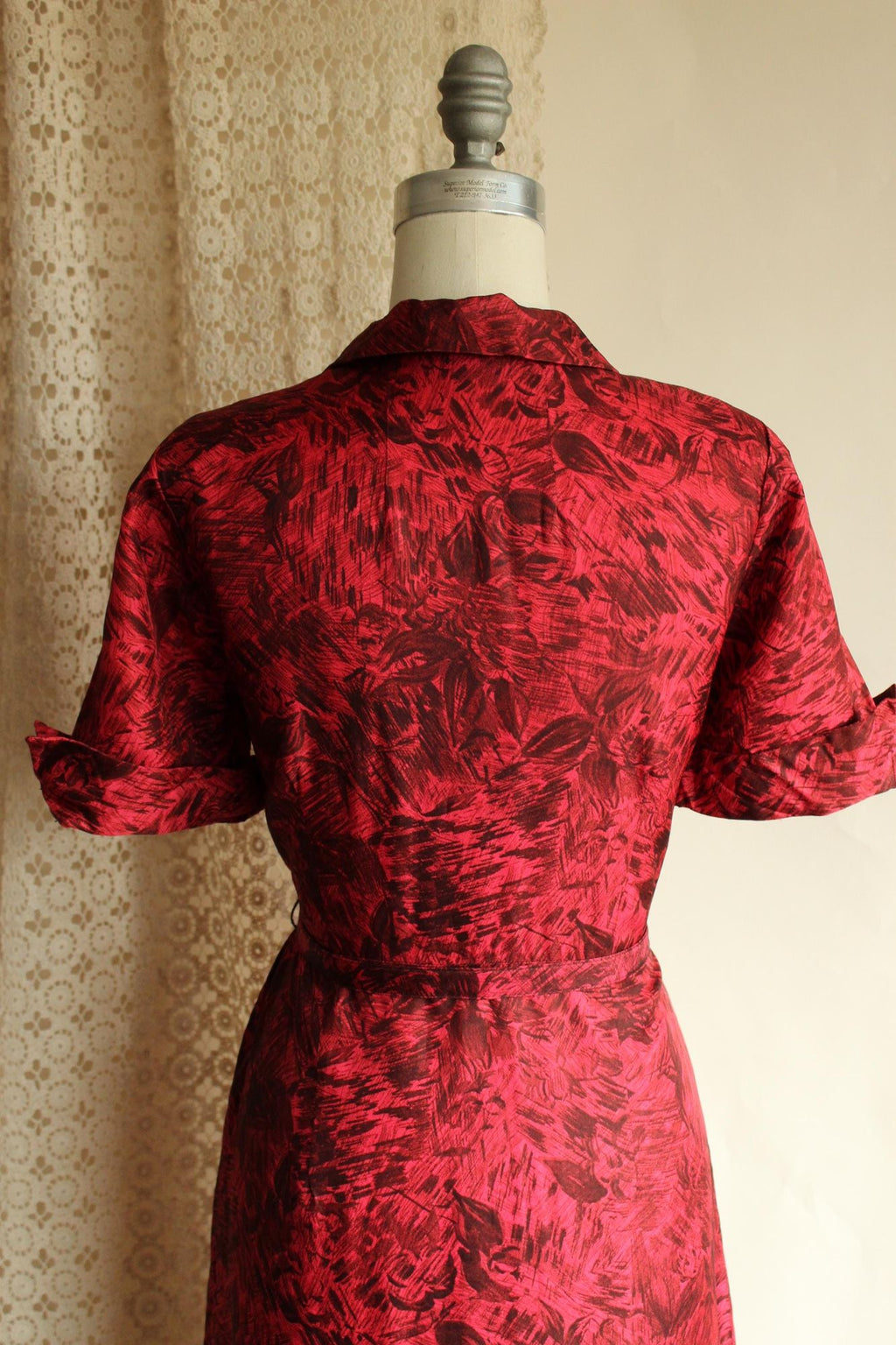Vintage 1950s House of Shroyers Red and Black Floral Print Dress with Belt