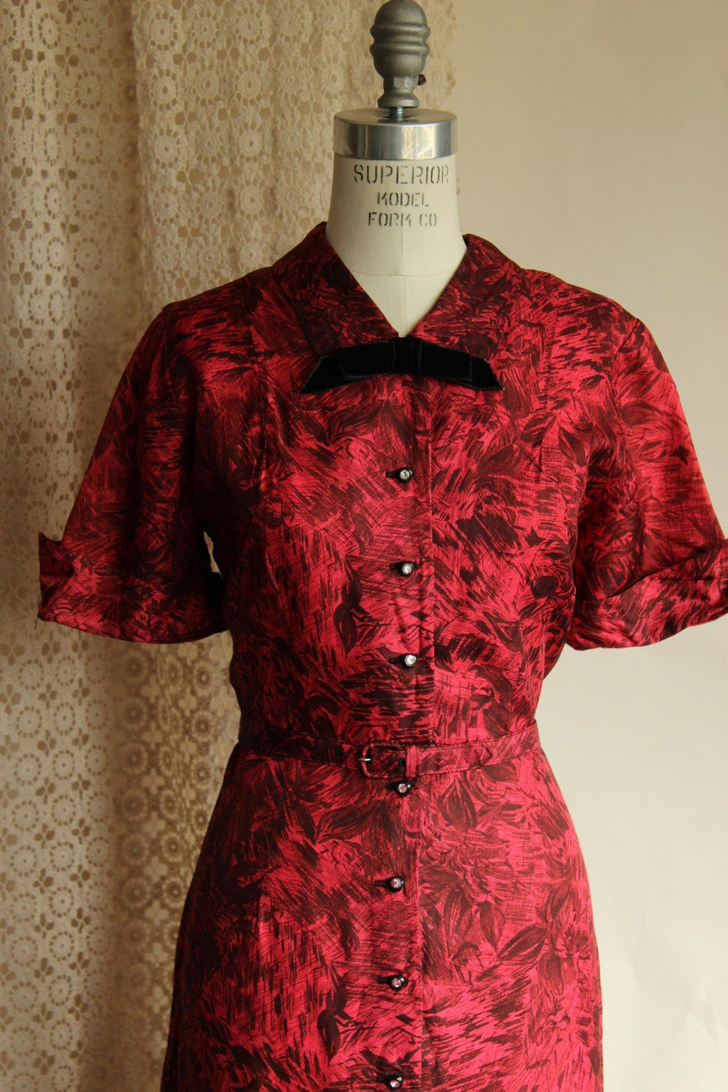 Vintage 1950s House of Shroyers Red and Black Floral Print Dress with Belt