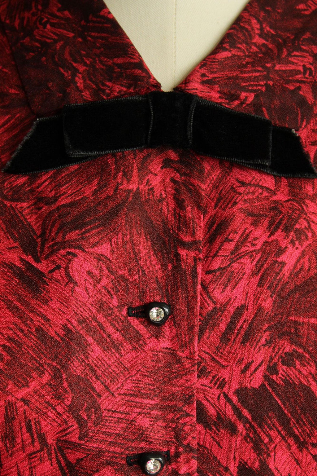 Vintage 1950s House of Shroyers Red and Black Floral Print Dress with Belt