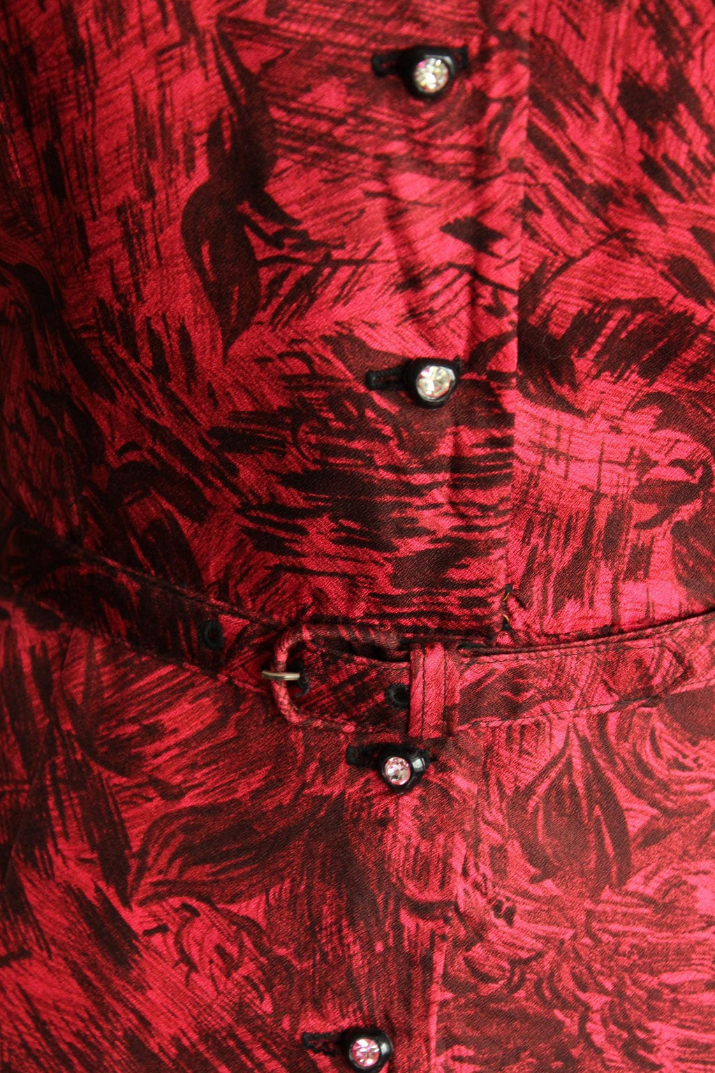 Vintage 1950s House of Shroyers Red and Black Floral Print Dress with Belt