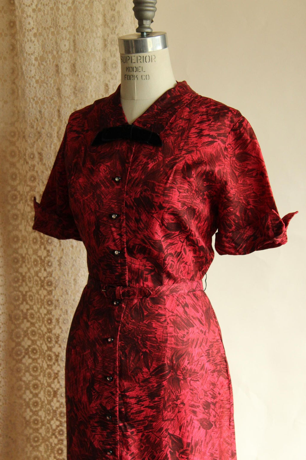Vintage 1950s House of Shroyers Red and Black Floral Print Dress with Belt