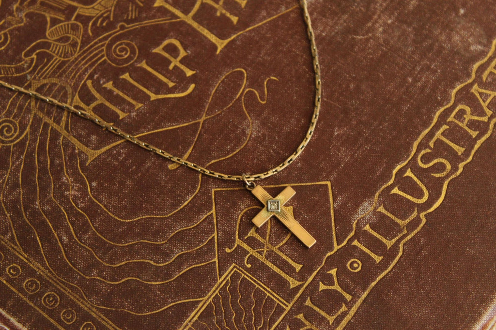 Vintage 1930s Cross Pendant on a 1950s Speidel 14K Gold Filled Chain