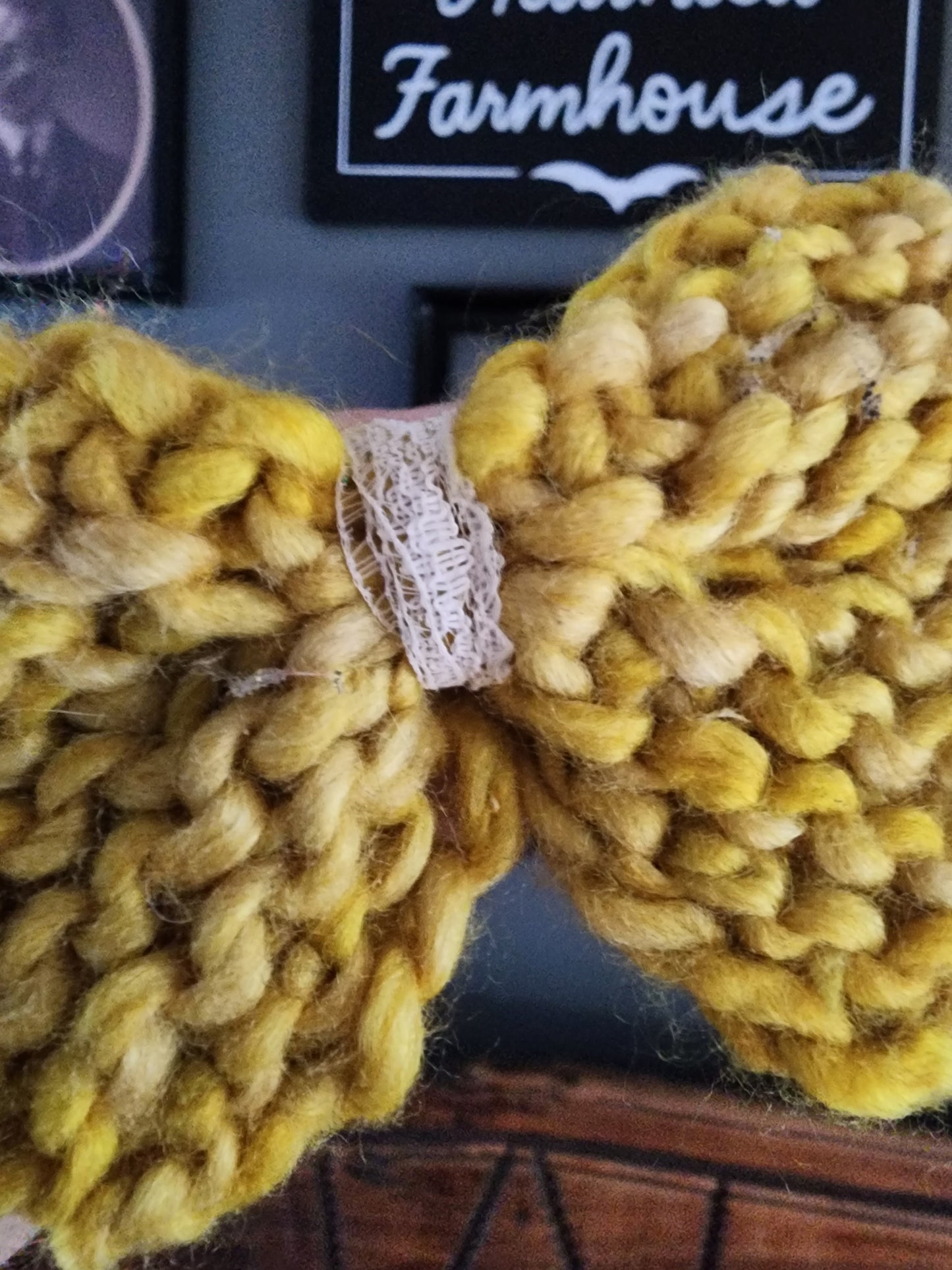 Handknit "Corn and Honey" Yellow Hair Bow with Vintage Lace