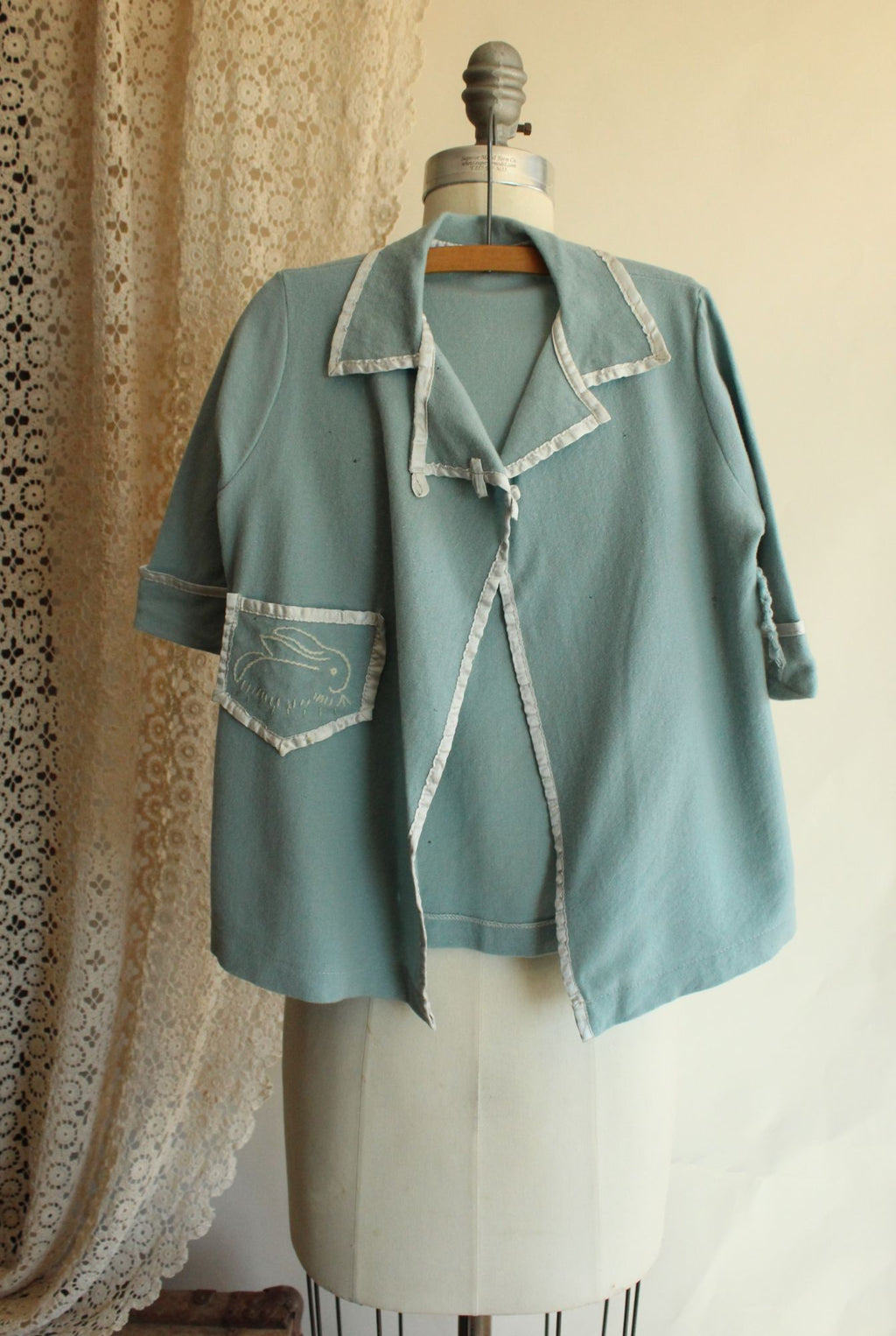 Vintage 1950s Little Boy's Wool Robe with Bunny Rabbit Embroidery