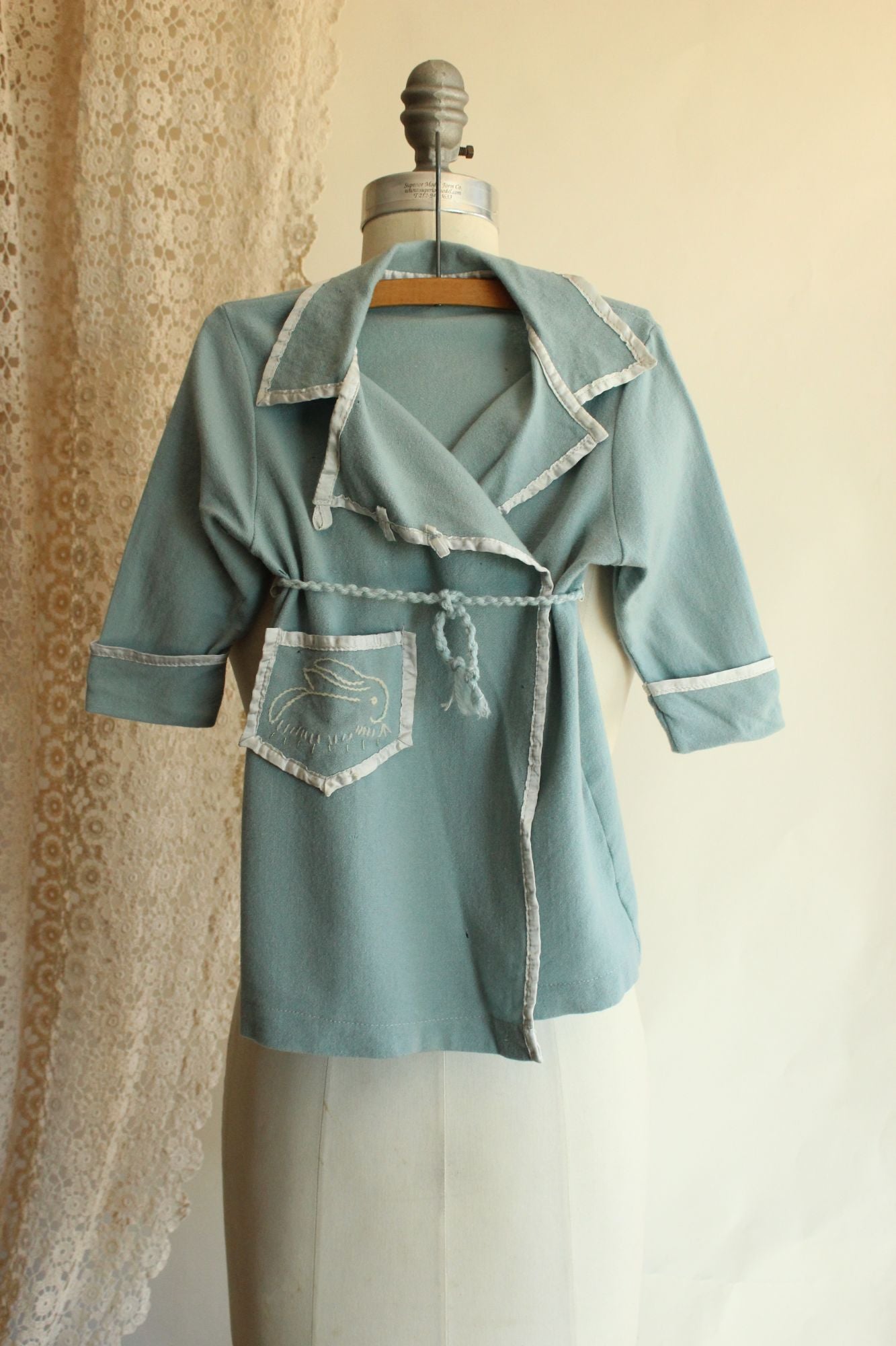 Vintage 1950s Little Boy's Wool Robe with Bunny Rabbit Embroidery