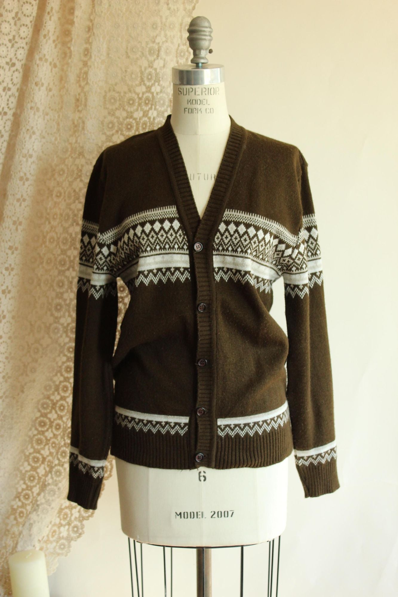 Vintage 1950s 1960s Jaguar Mexican Brown and White Cardigan