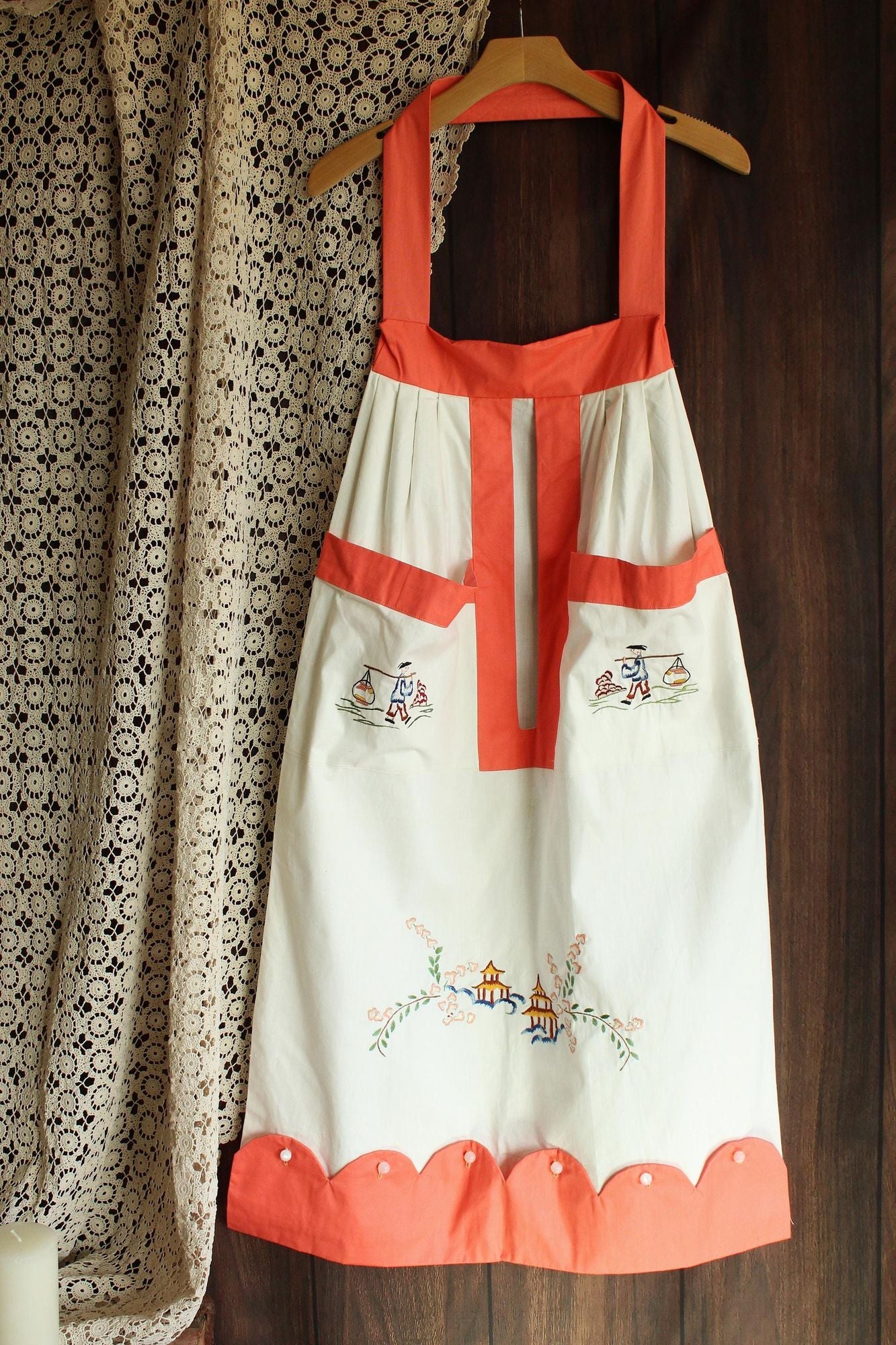 Vintage 1950s Orange Asian Themed Laundry Bag