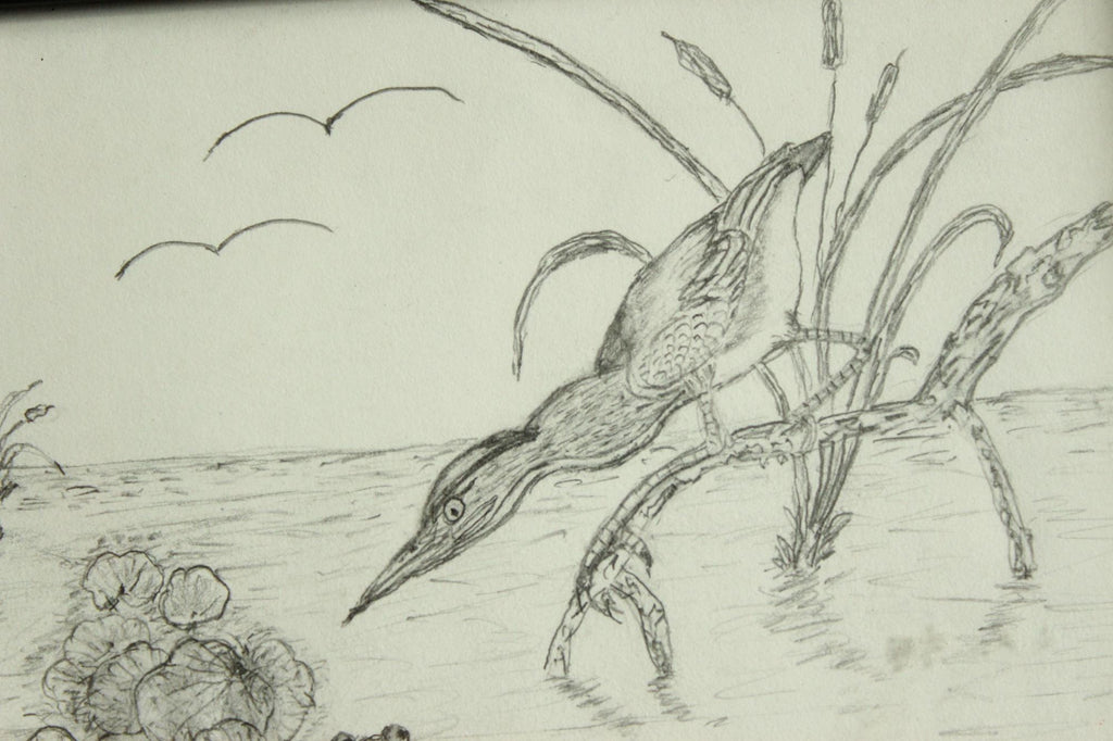 Vintage 1990s 2000s Framed Pencil Sketch of Heron and Frog in a Black Frame