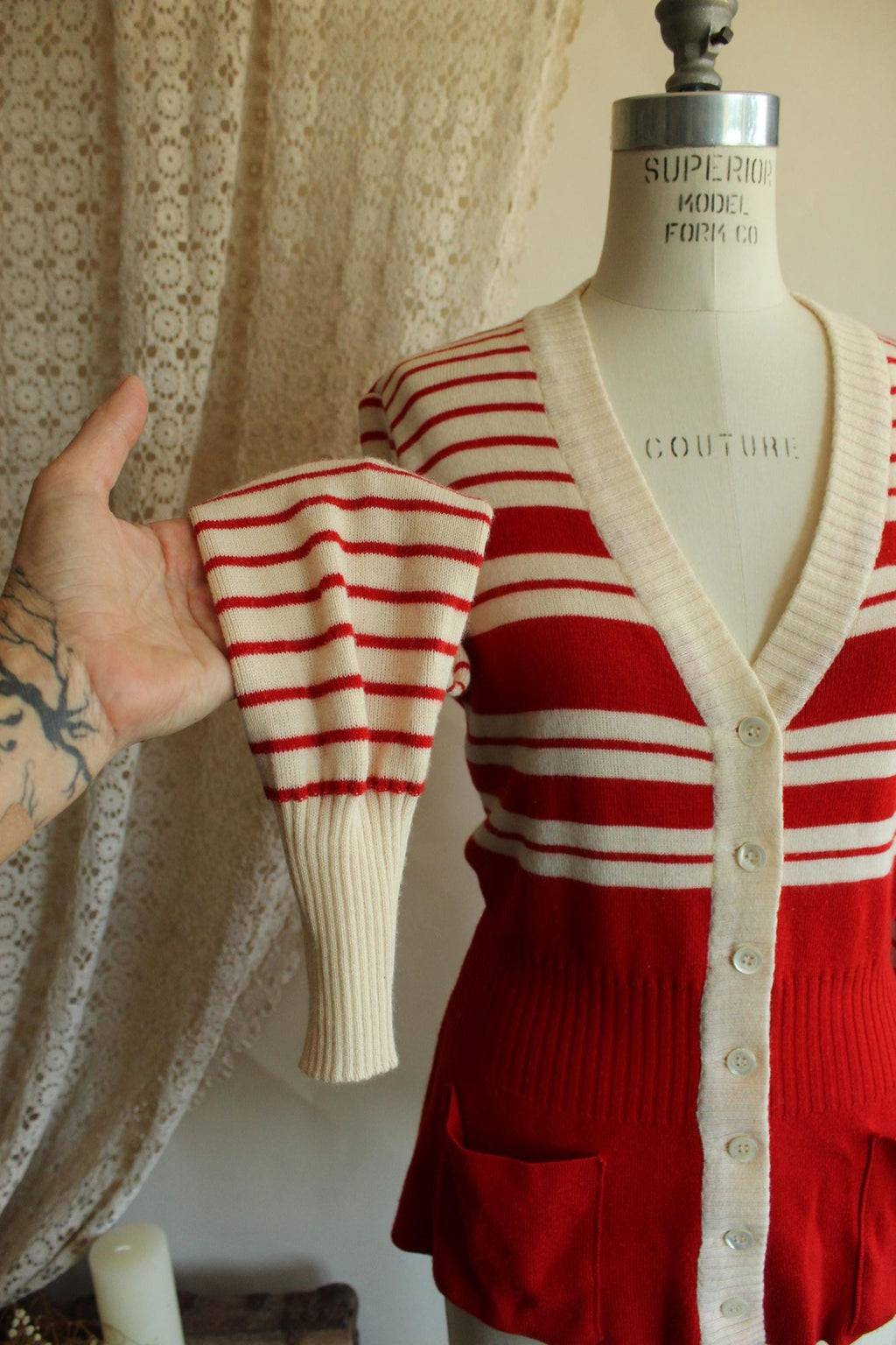 Vintage 1970s Lipman's Red and White Stripe Wool Cardigan
