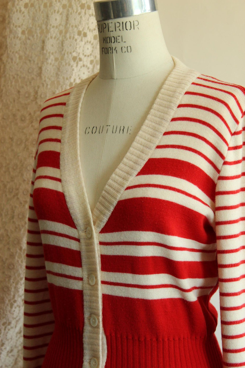 Vintage 1970s Lipman's Red and White Stripe Wool Cardigan