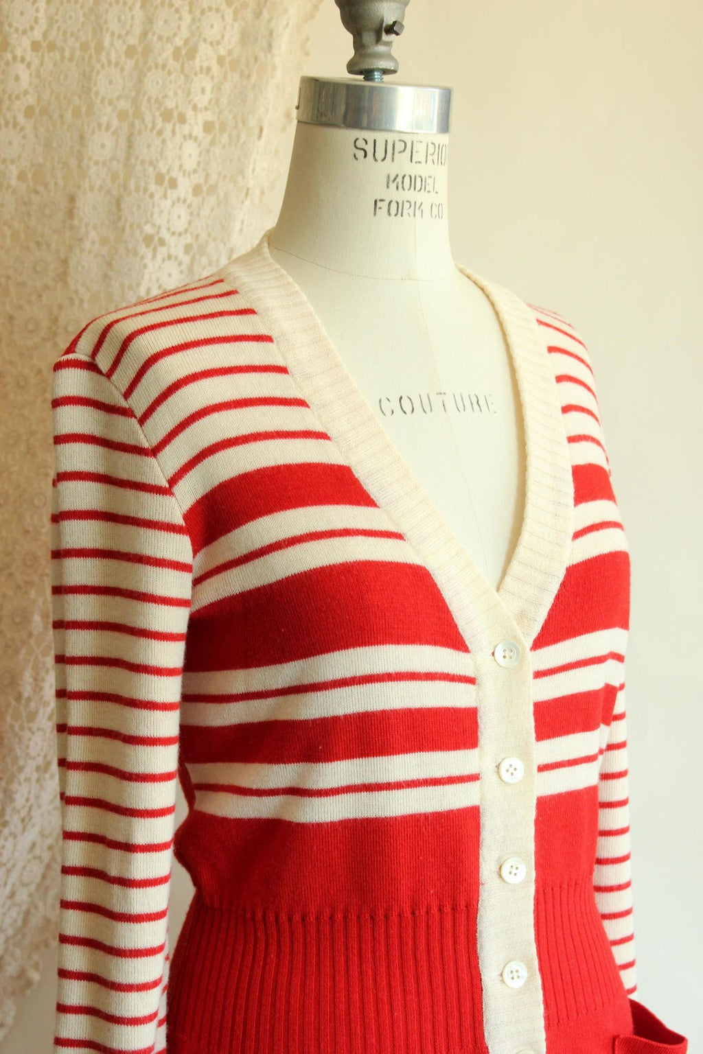 Vintage 1970s Lipman's Red and White Stripe Wool Cardigan