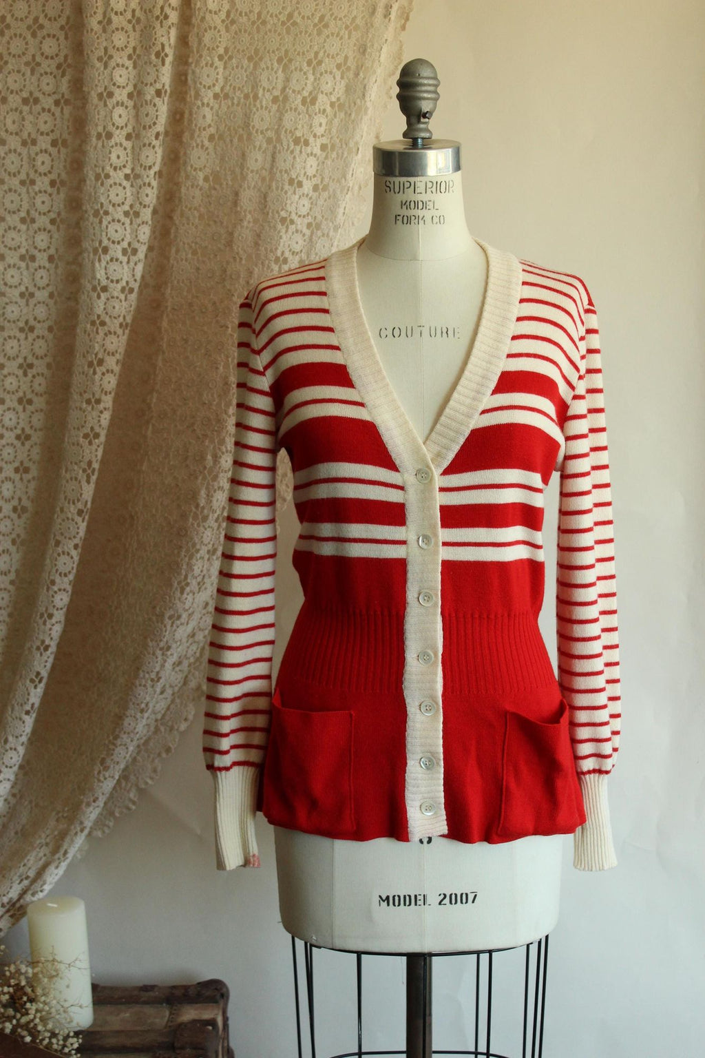 Vintage 1970s Lipman's Red and White Stripe Wool Cardigan