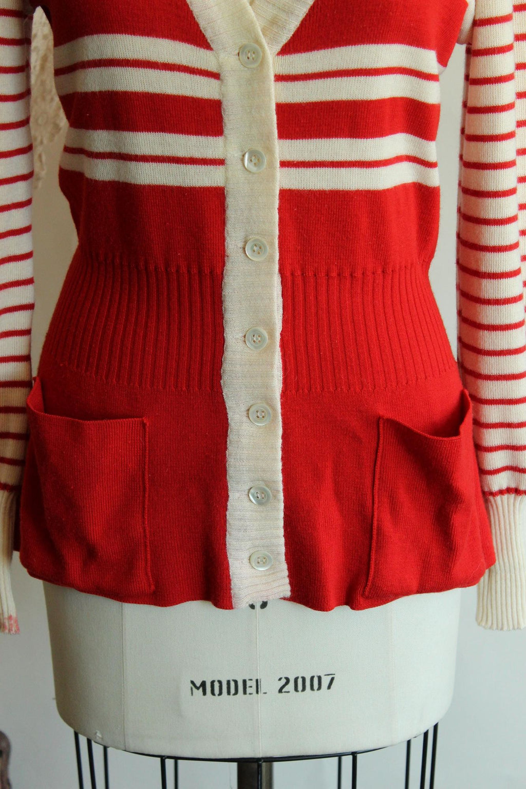 Vintage 1970s Lipman's Red and White Stripe Wool Cardigan