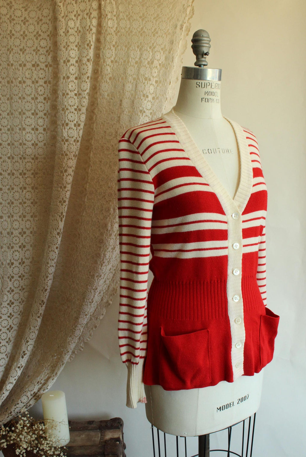 Vintage 1970s Lipman's Red and White Stripe Wool Cardigan