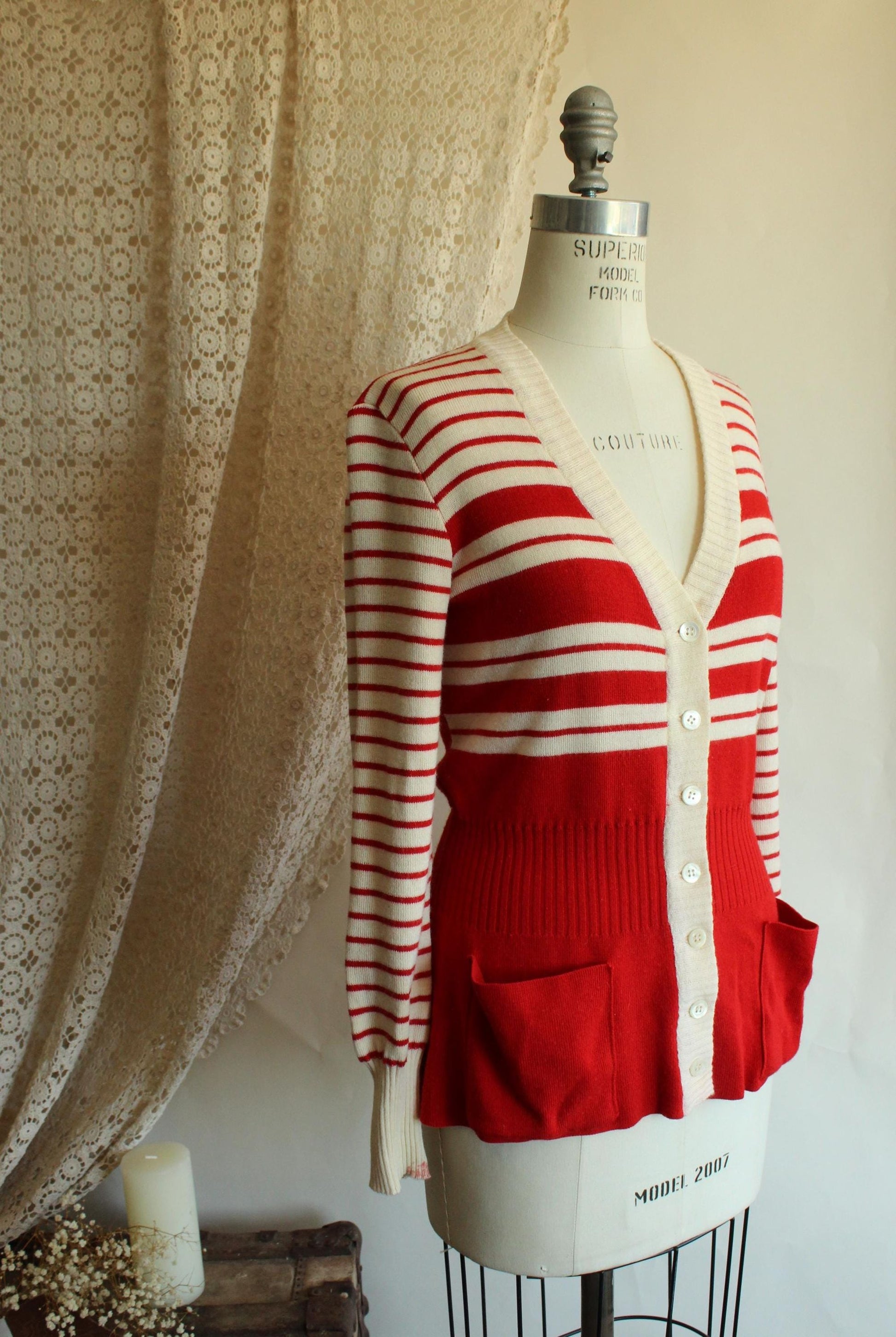 Vintage 1970s Lipman's Red and White Stripe Wool Cardigan