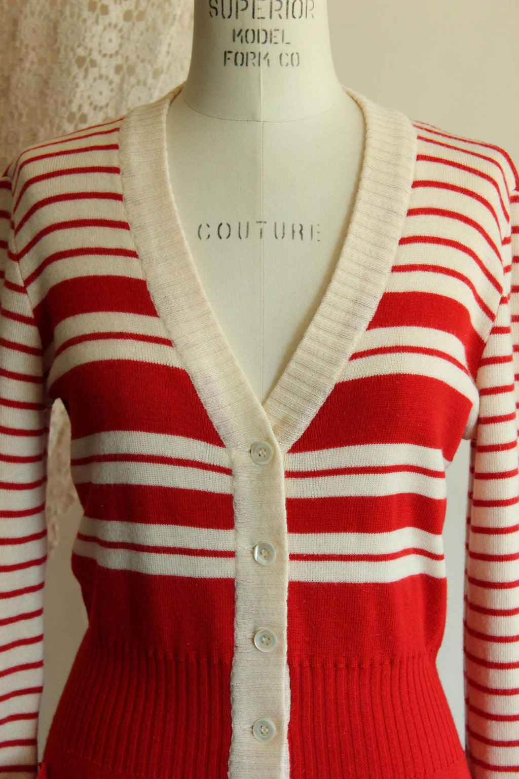 Vintage 1970s Lipman's Red and White Stripe Wool Cardigan