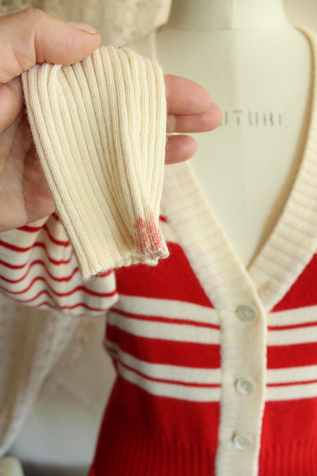Vintage 1970s Lipman's Red and White Stripe Wool Cardigan