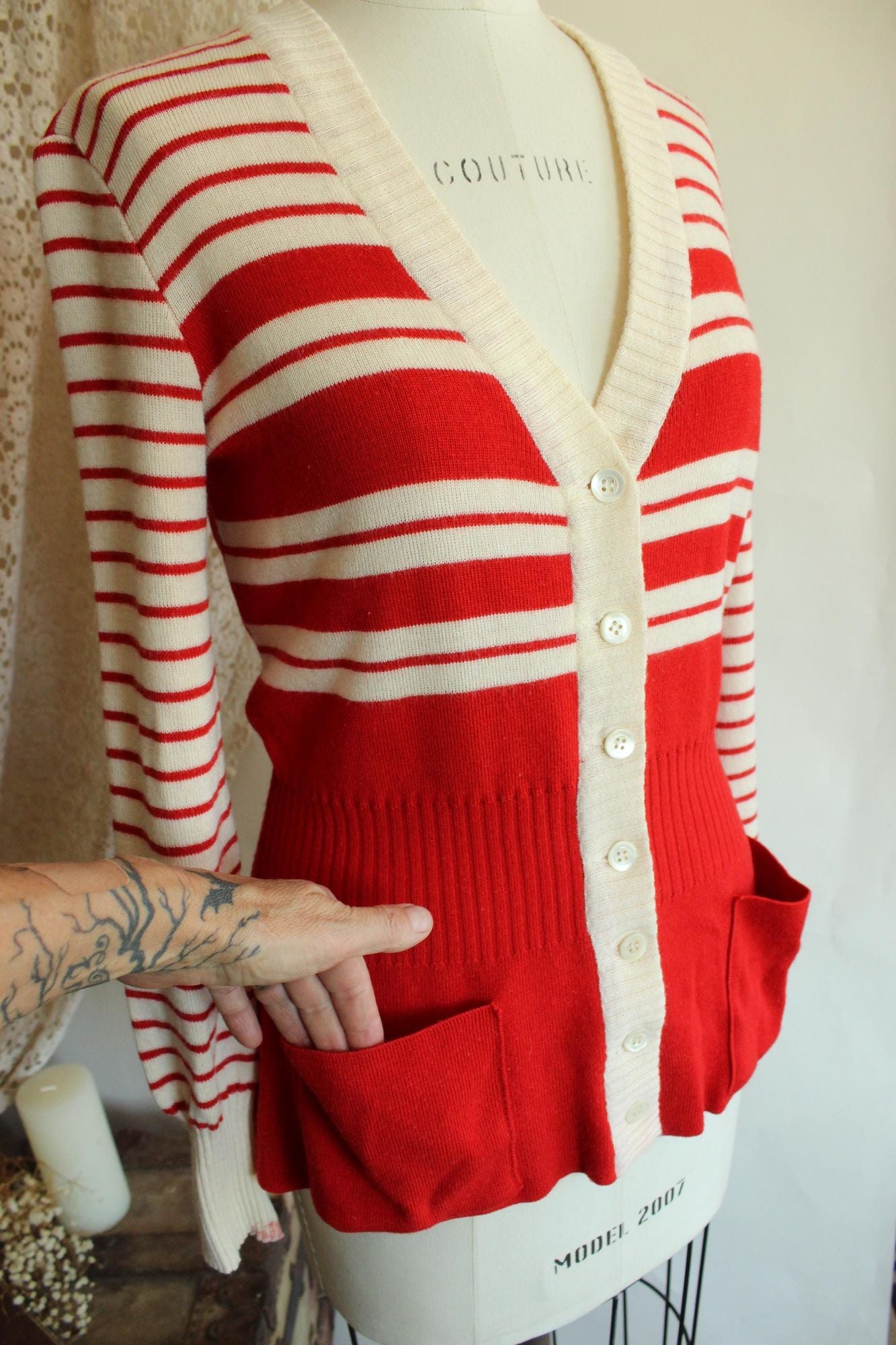 Vintage 1970s Lipman's Red and White Stripe Wool Cardigan