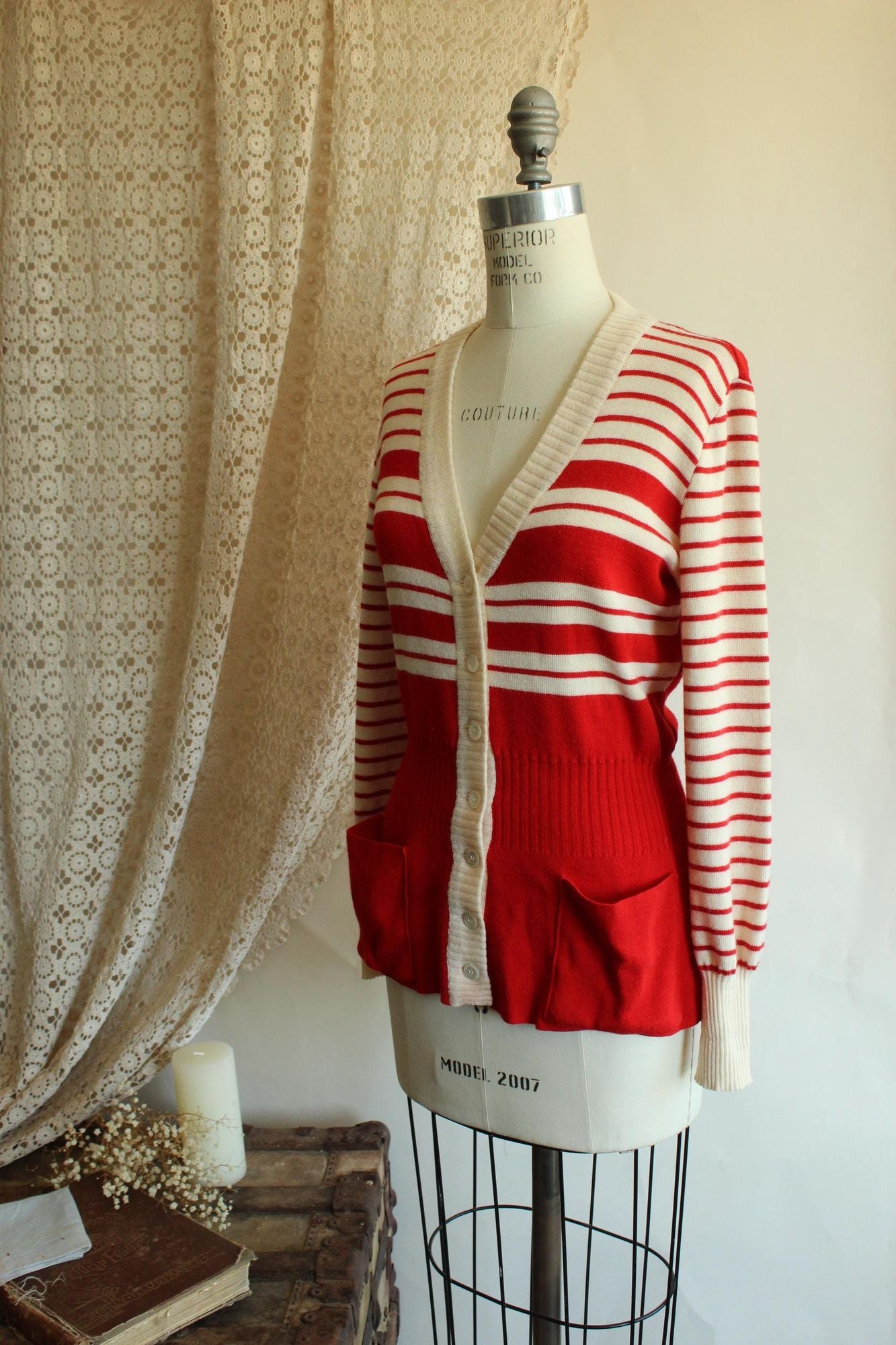 Vintage 1970s Lipman's Red and White Stripe Wool Cardigan