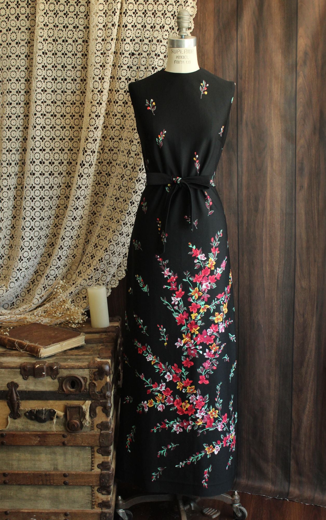 Vintage 1970s Lady Carol Black Floral Print Maxidress