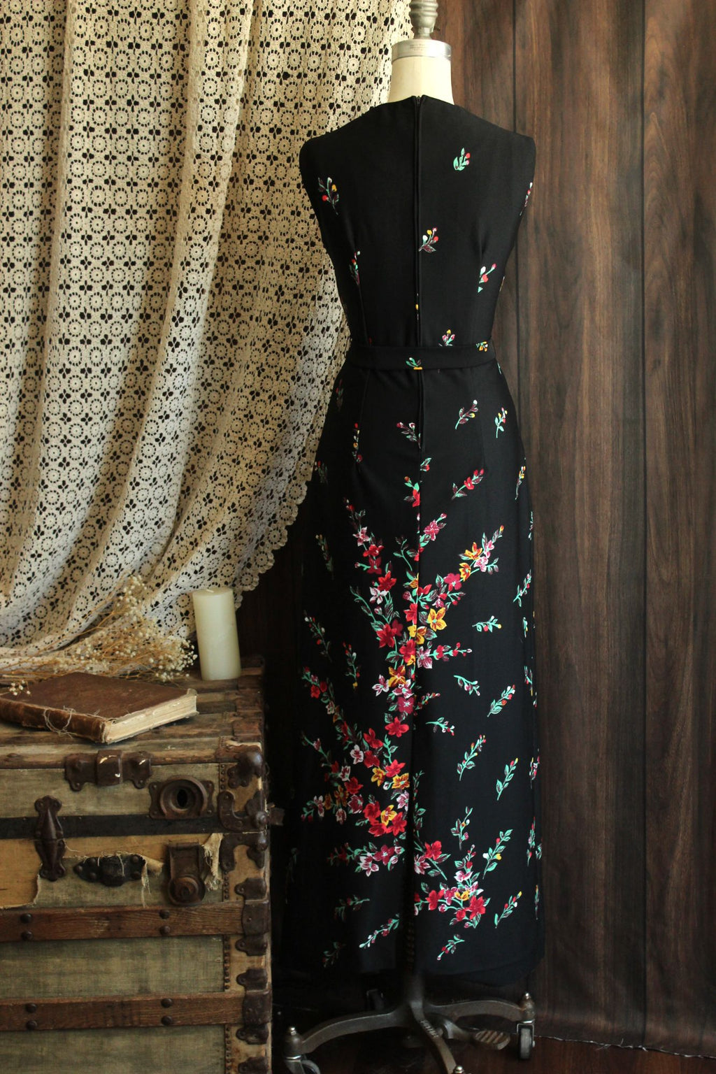 Vintage 1970s Lady Carol Black Floral Print Maxidress