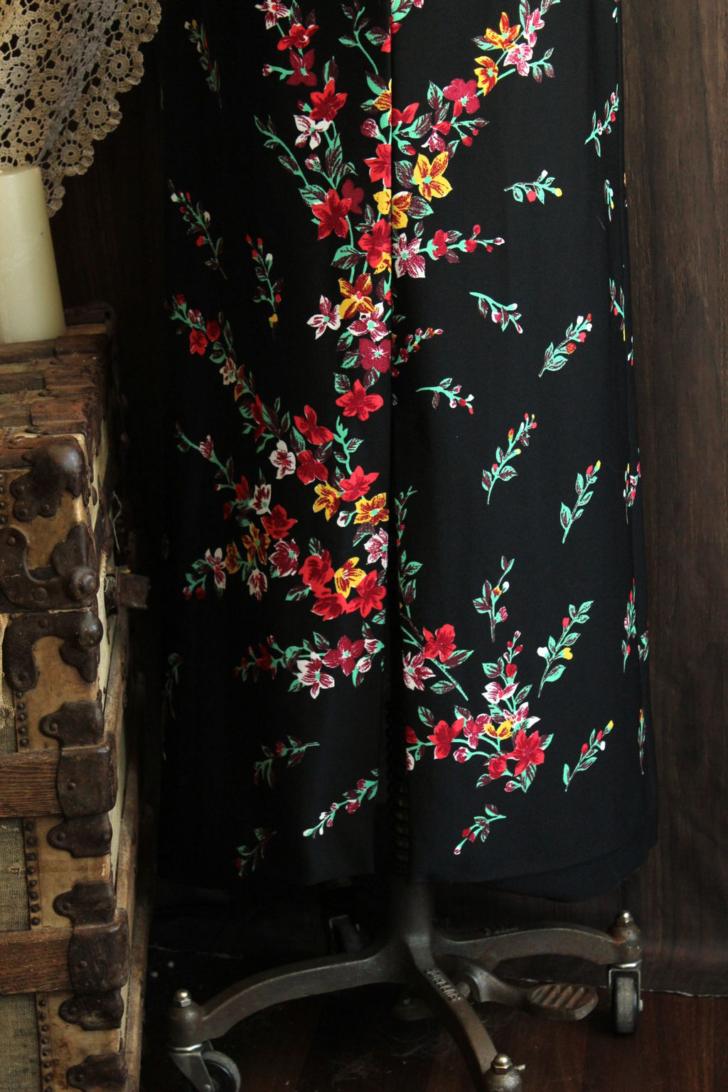 Vintage 1970s Lady Carol Black Floral Print Maxidress
