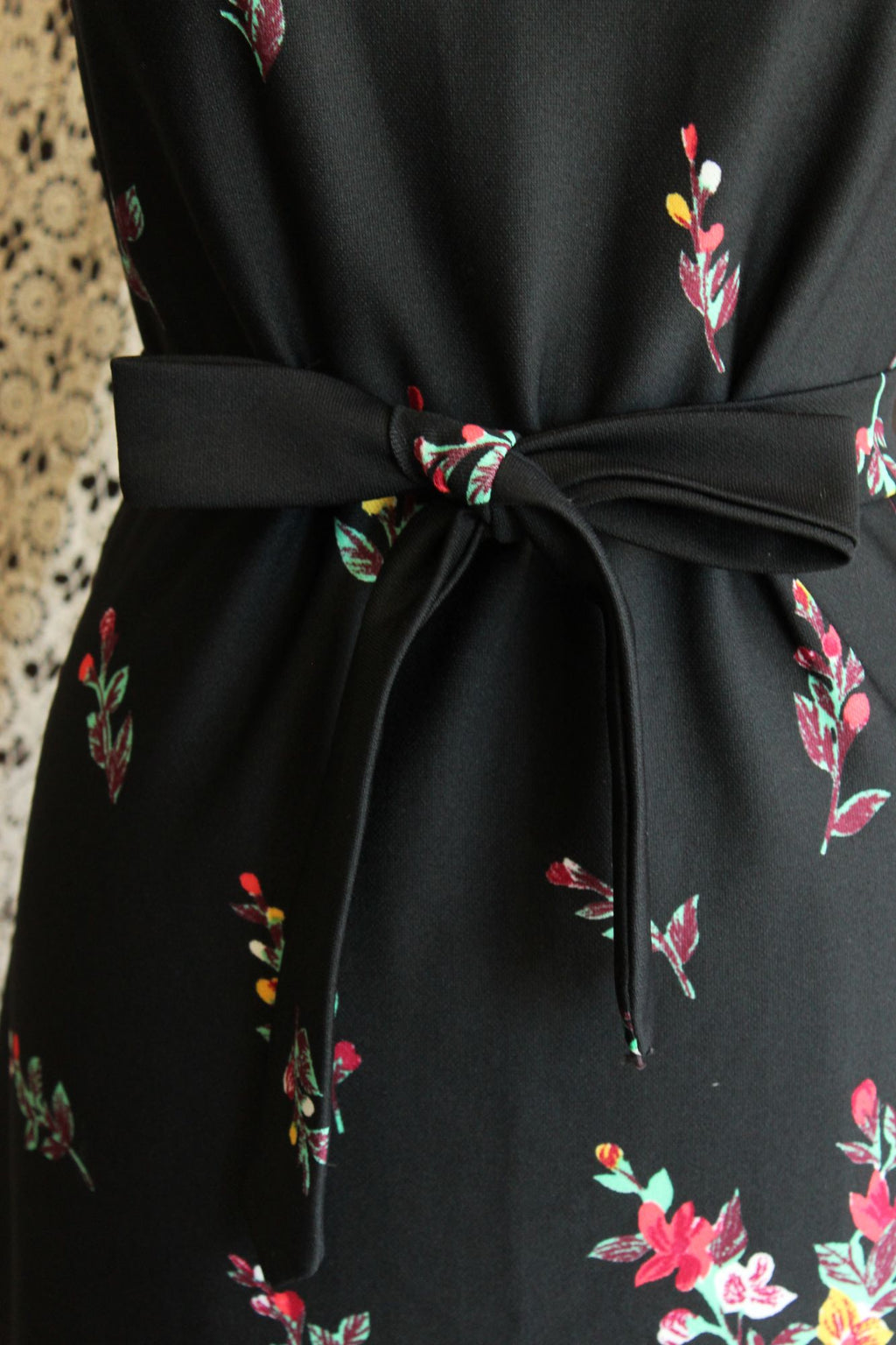Vintage 1970s Lady Carol Black Floral Print Maxidress
