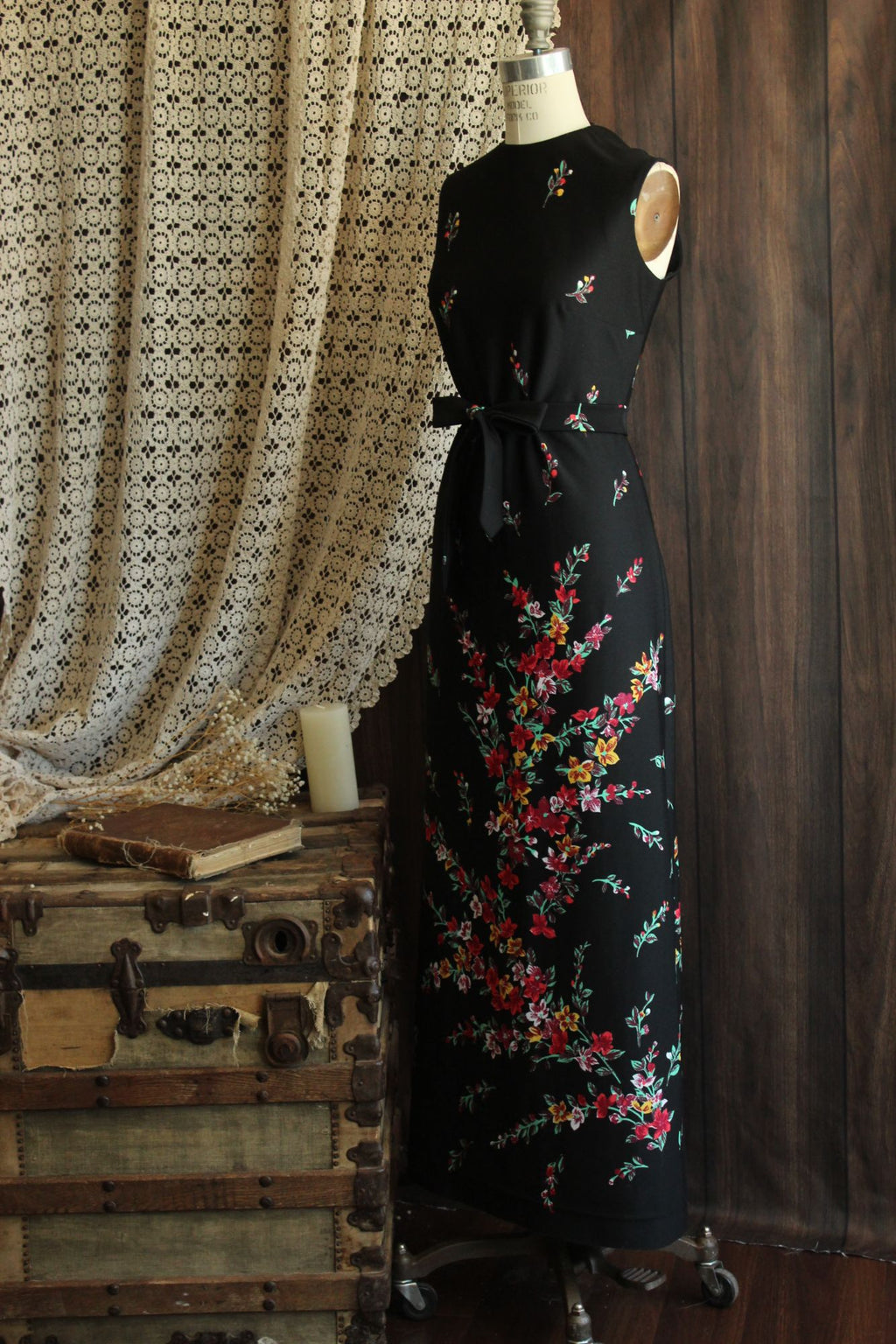 Vintage 1970s Lady Carol Black Floral Print Maxidress
