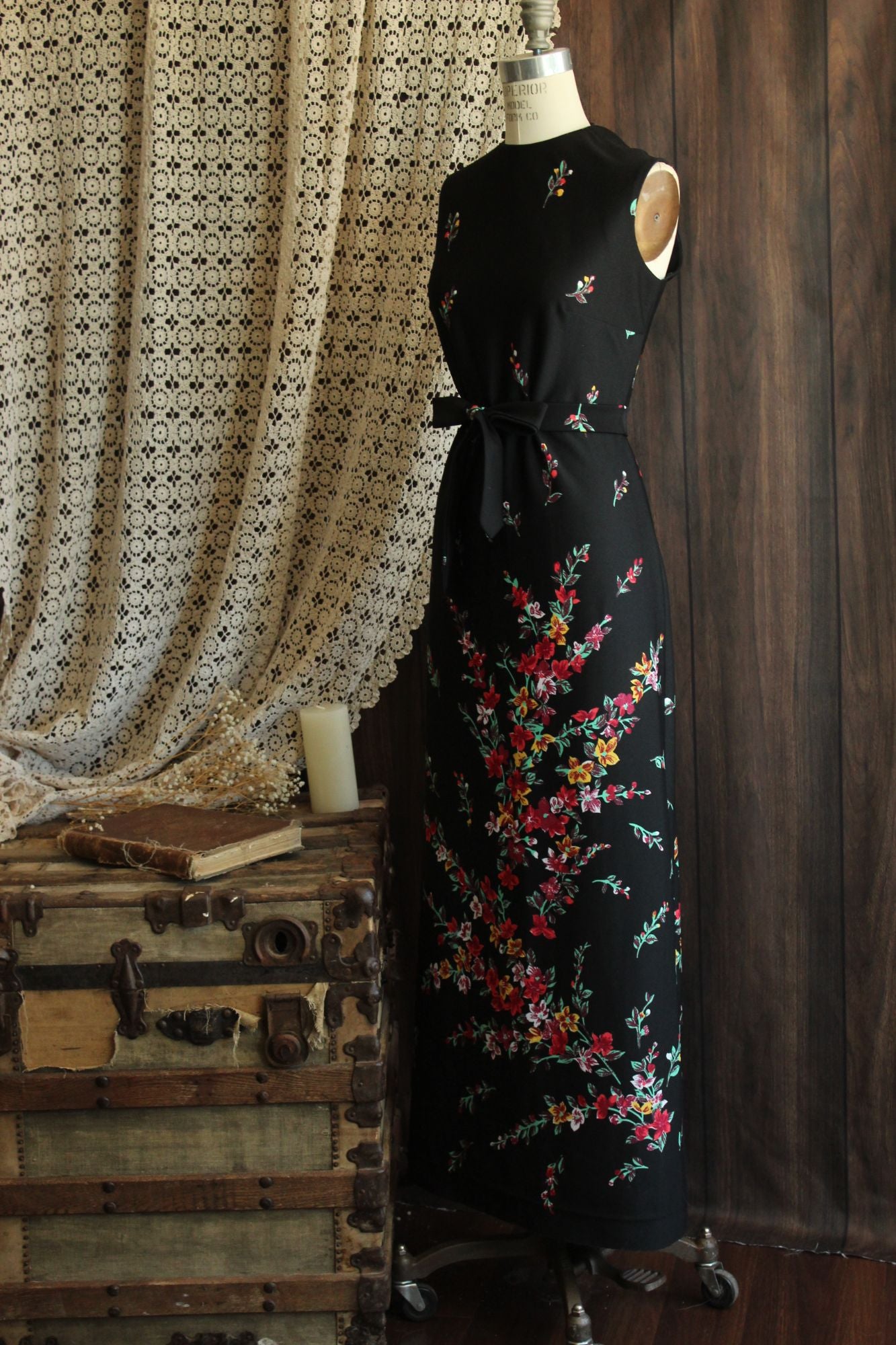 Vintage 1970s Lady Carol Black Floral Print Maxidress