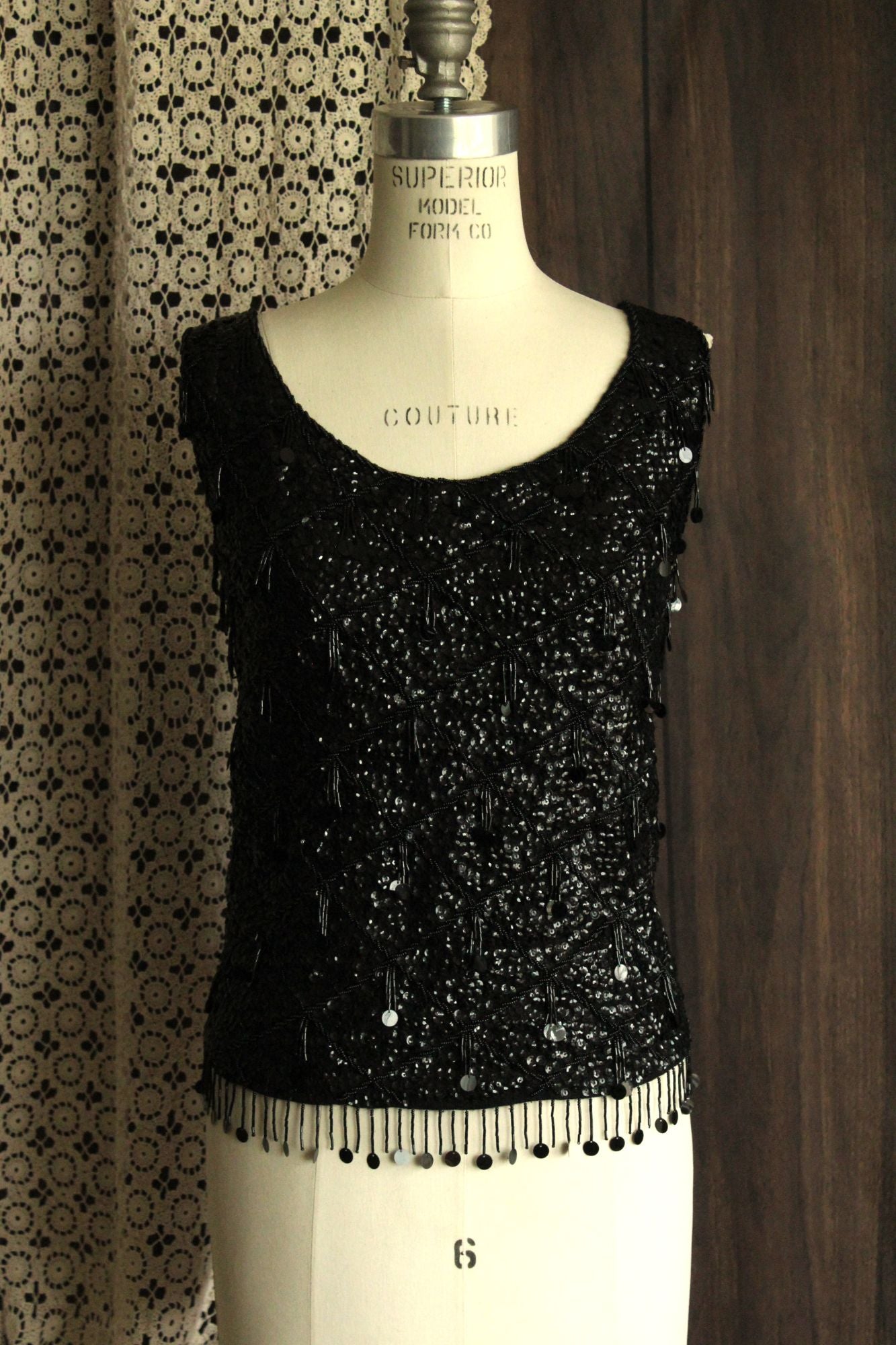Vintage 1960s Volup Orbach's Black Wool Beaded and Sequined Sweater Shell