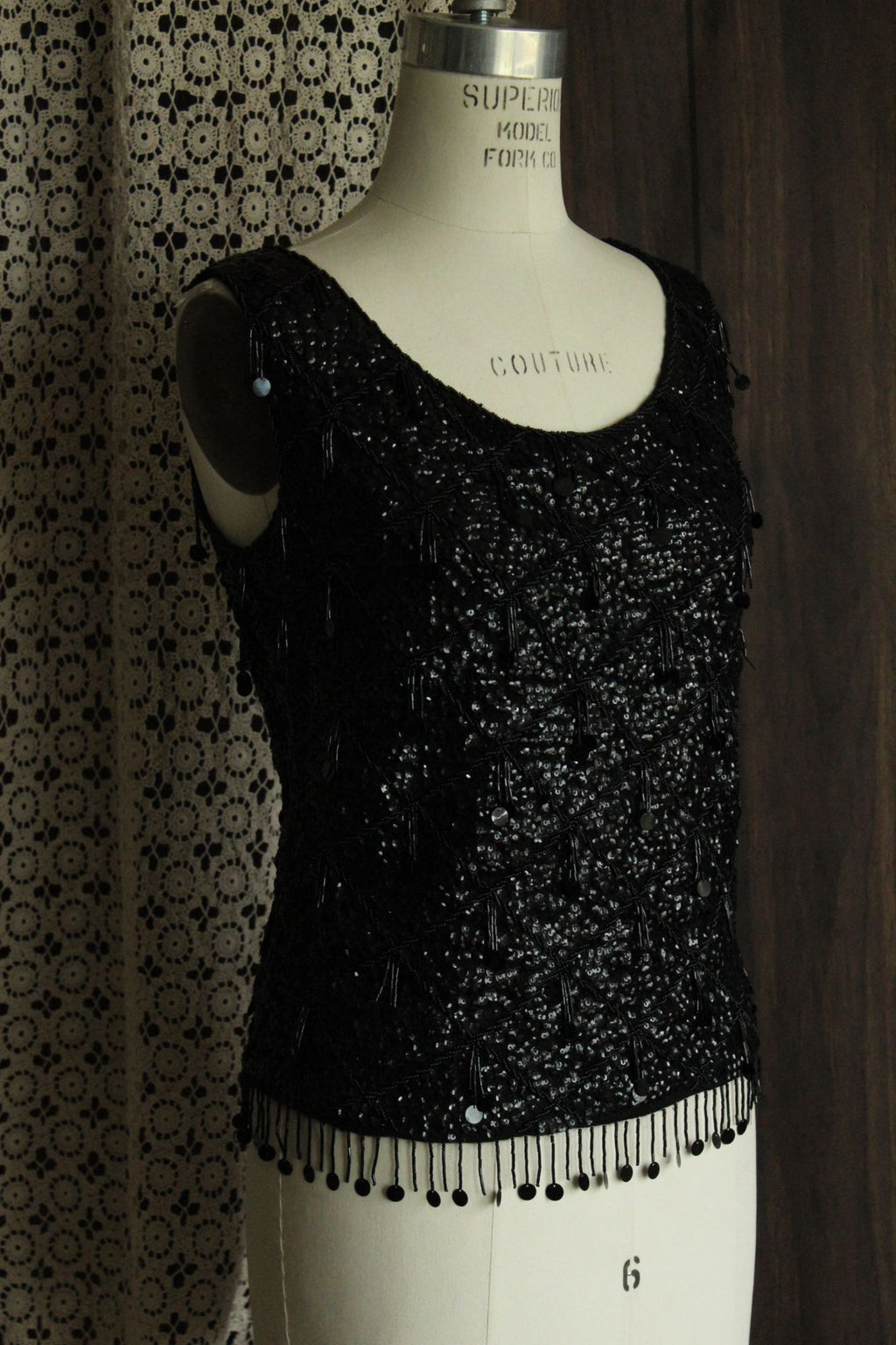 Vintage 1960s Volup Orbach's Black Wool Beaded and Sequined Sweater Shell