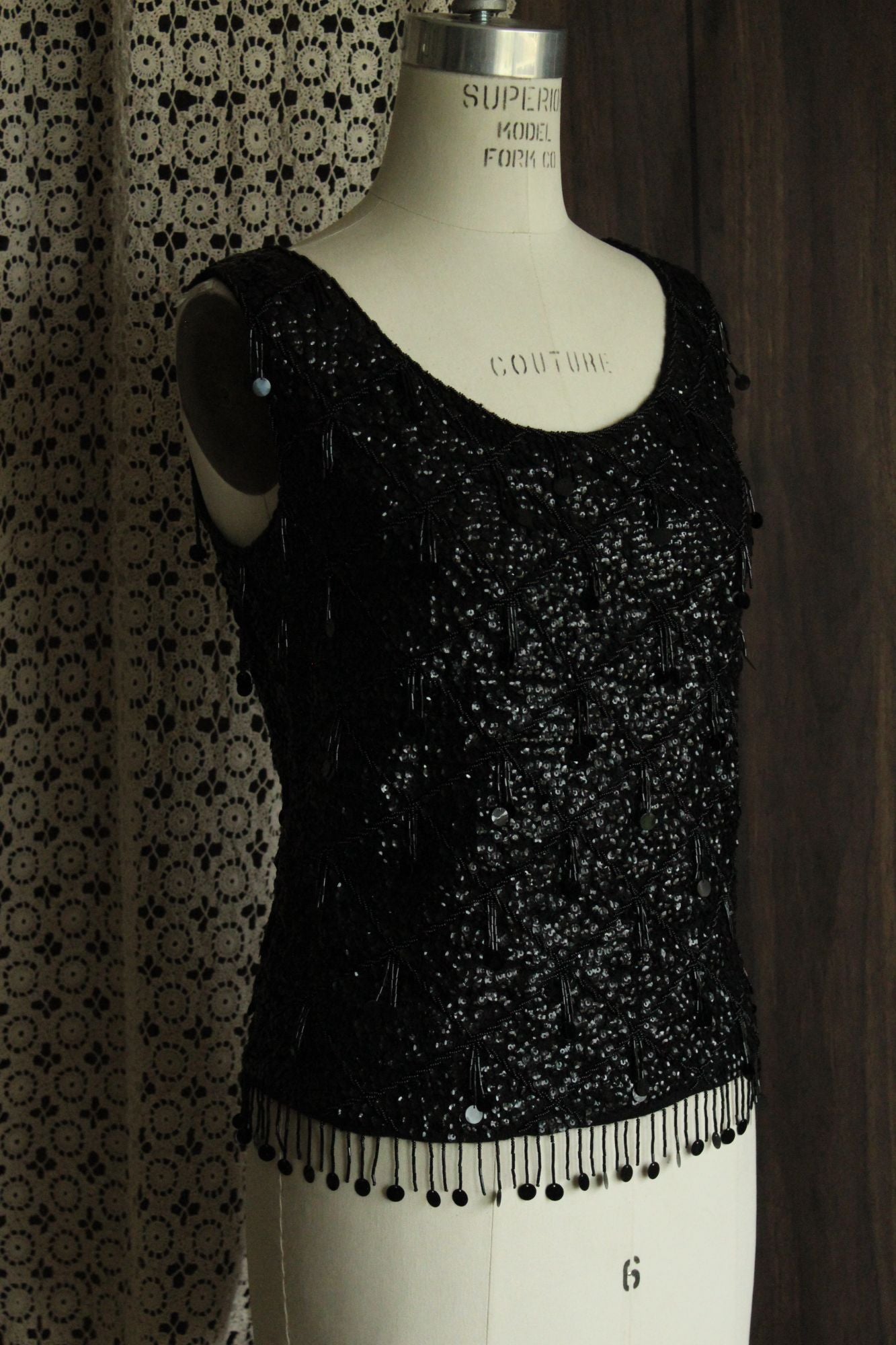 Vintage 1960s Volup Orbach's Black Wool Beaded and Sequined Sweater Shell