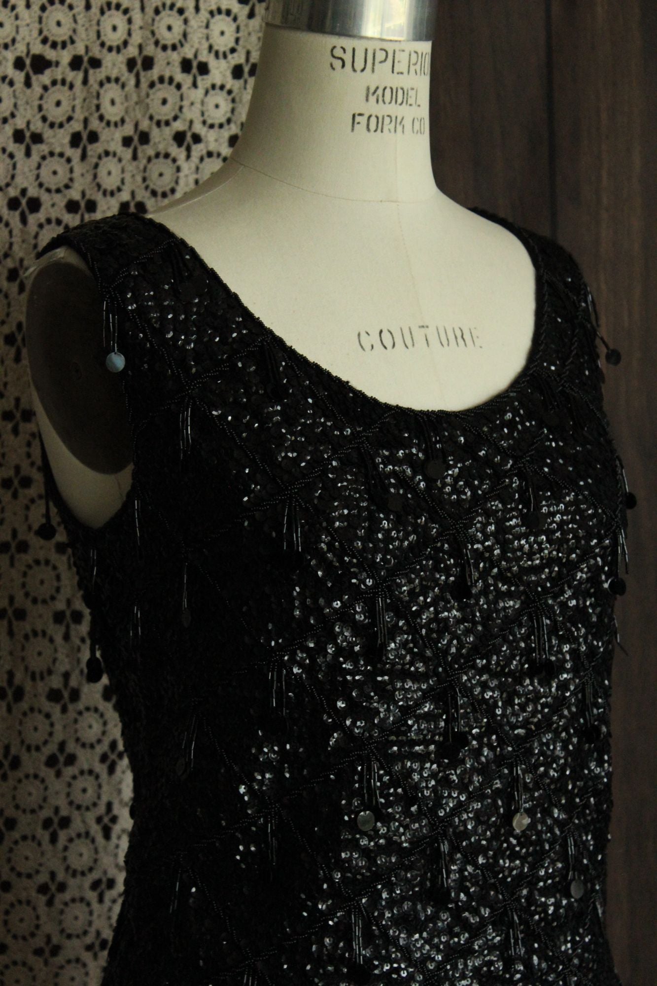 Vintage 1960s Volup Orbach's Black Wool Beaded and Sequined Sweater Shell