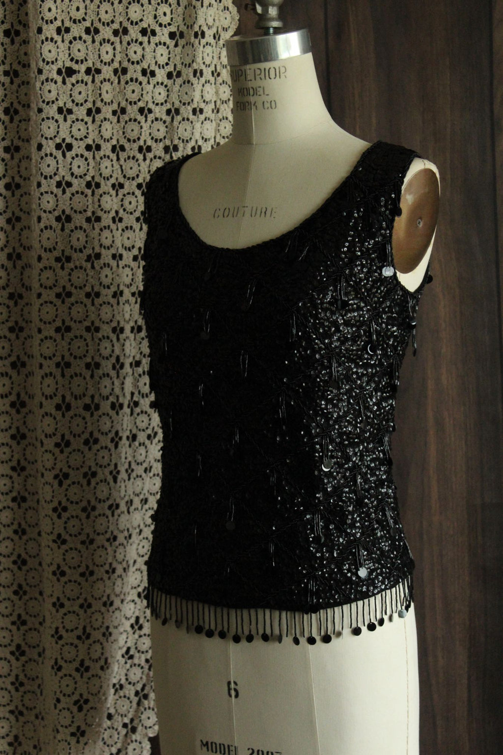 Vintage 1960s Volup Orbach's Black Wool Beaded and Sequined Sweater Shell