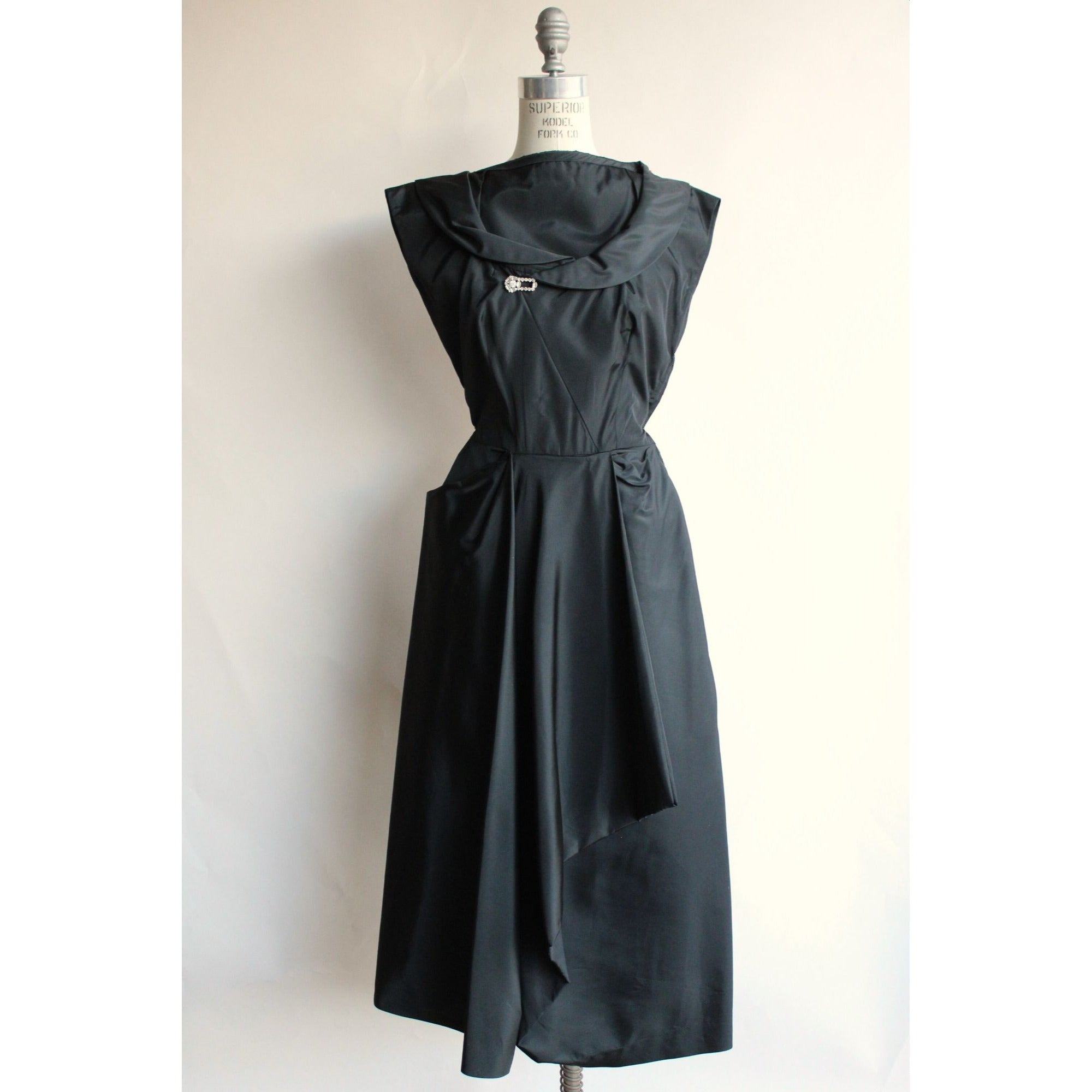 1950s Black Taffeta and Black Wool Dress