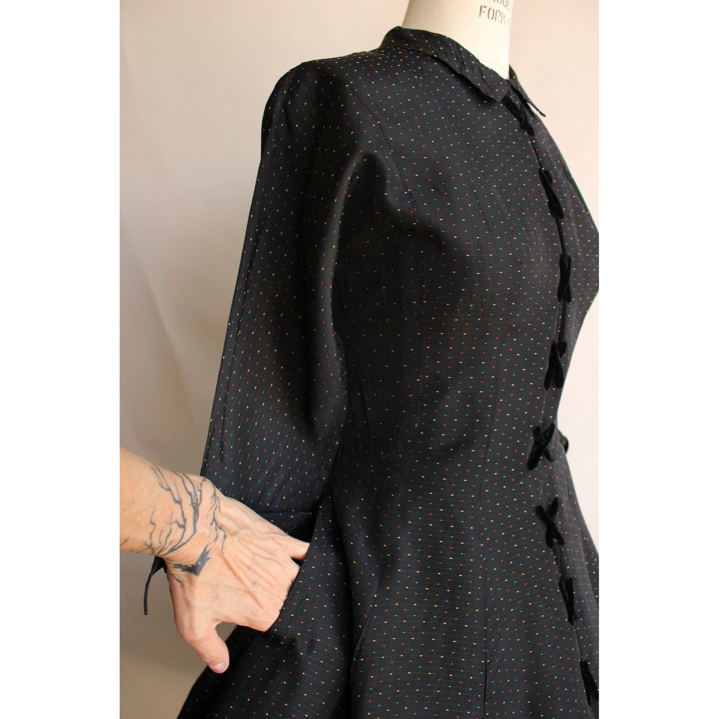 Vintage 1950s Black Taffeta Dress With Multicolor Dots and Velvet Lacing