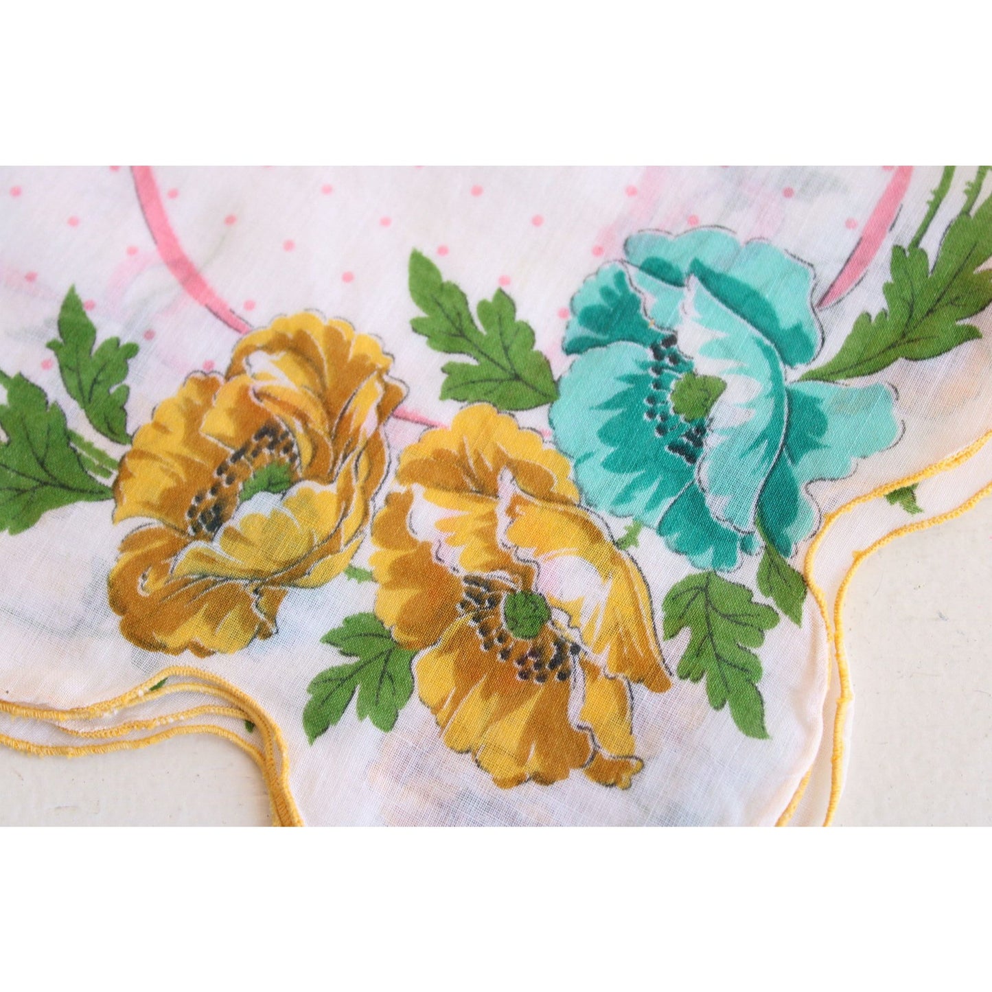 Vintage 1950s Cotton Teal and Yellow Flowers Hanky