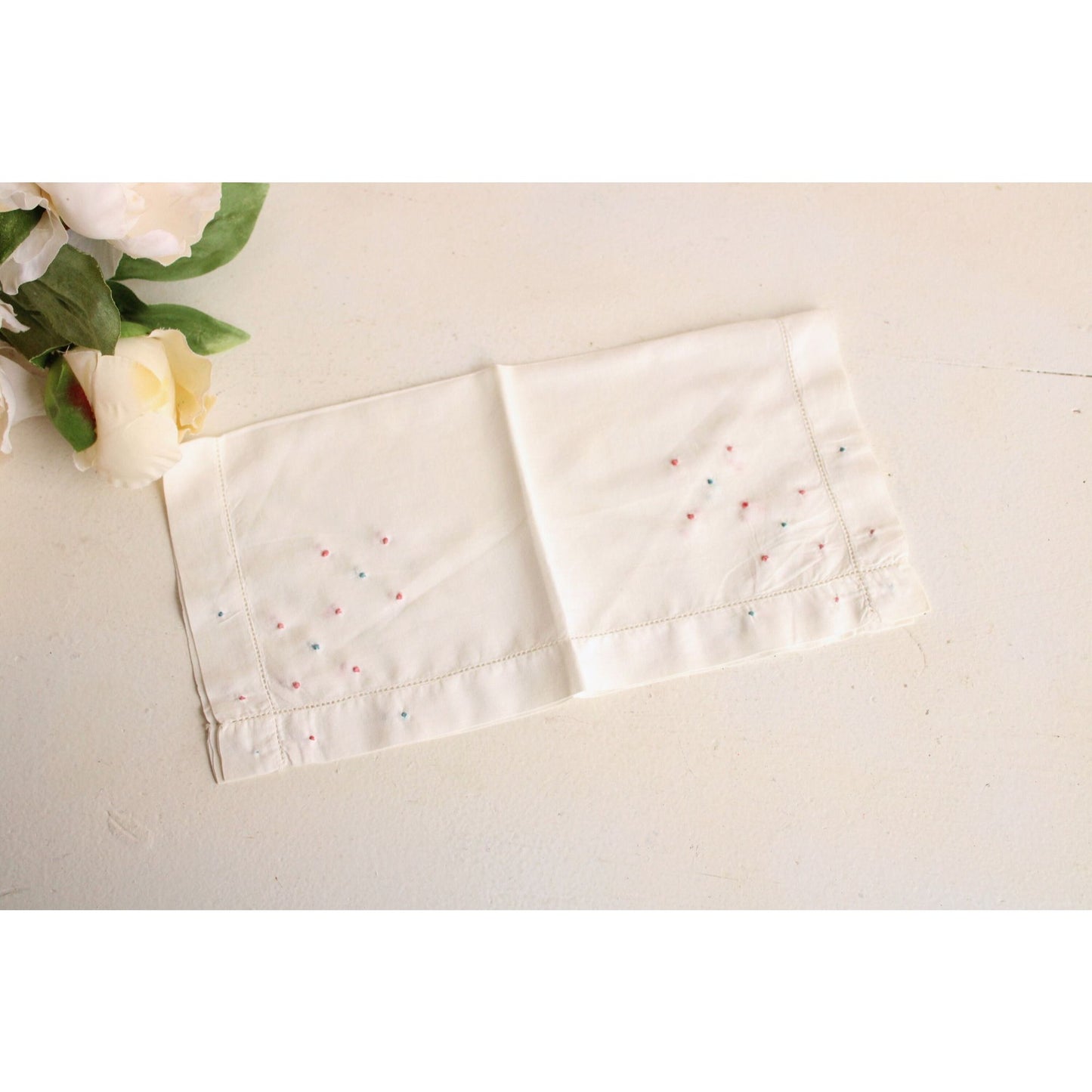 Vintage White Linen with Pink and Blue Swiss Dots Embroidered Hankie