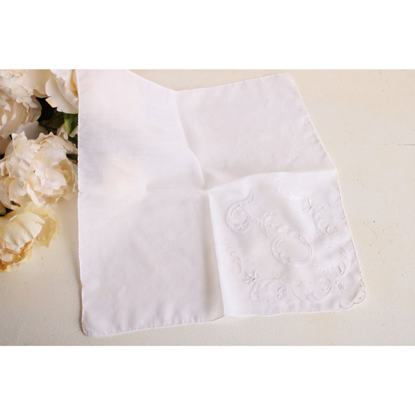 Vintage Handkerchief in White Cotton, Monogrammed with F