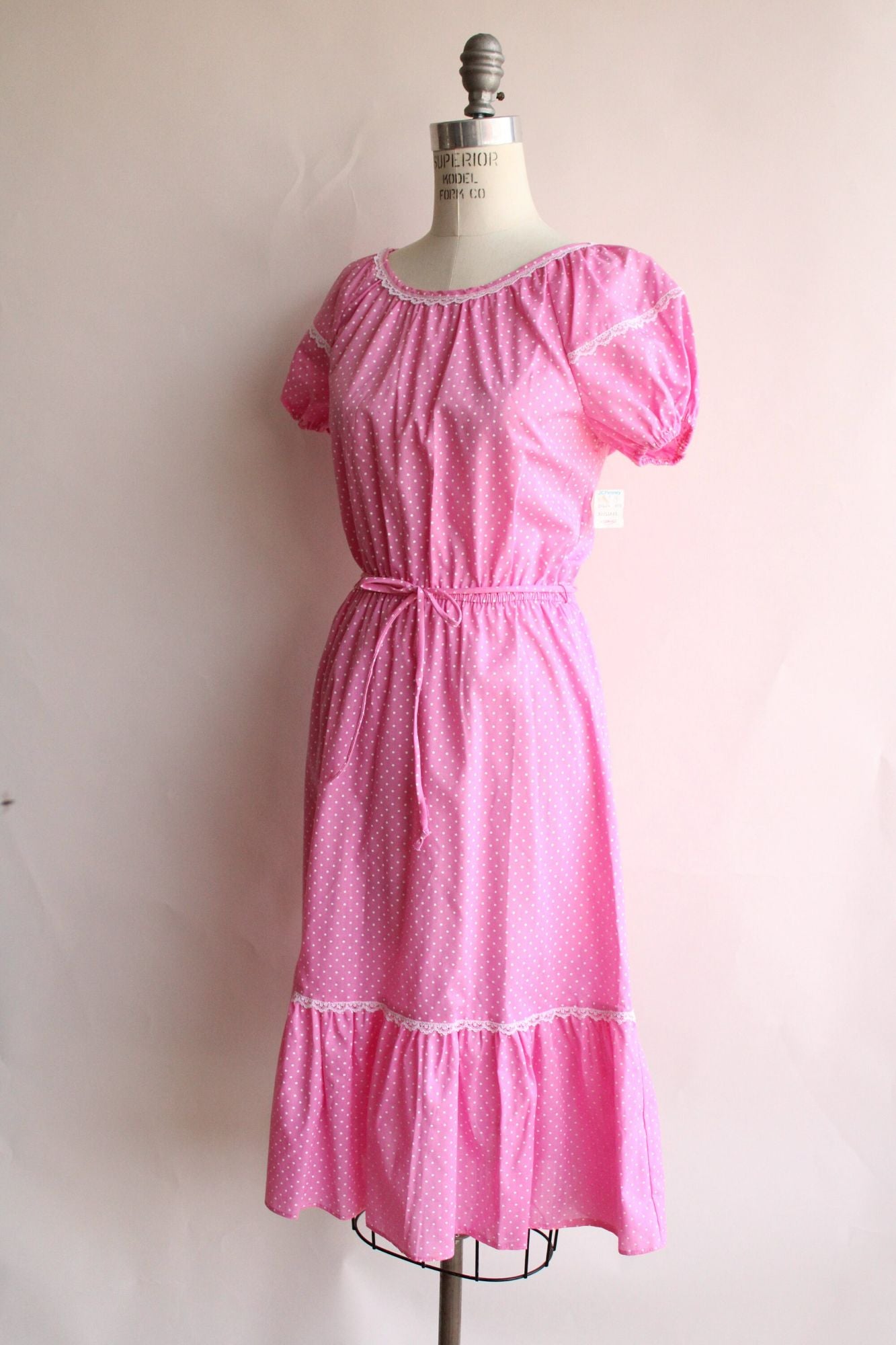 Vintage 1980's Pink Polka Dot Dress with Belt, New with Tags