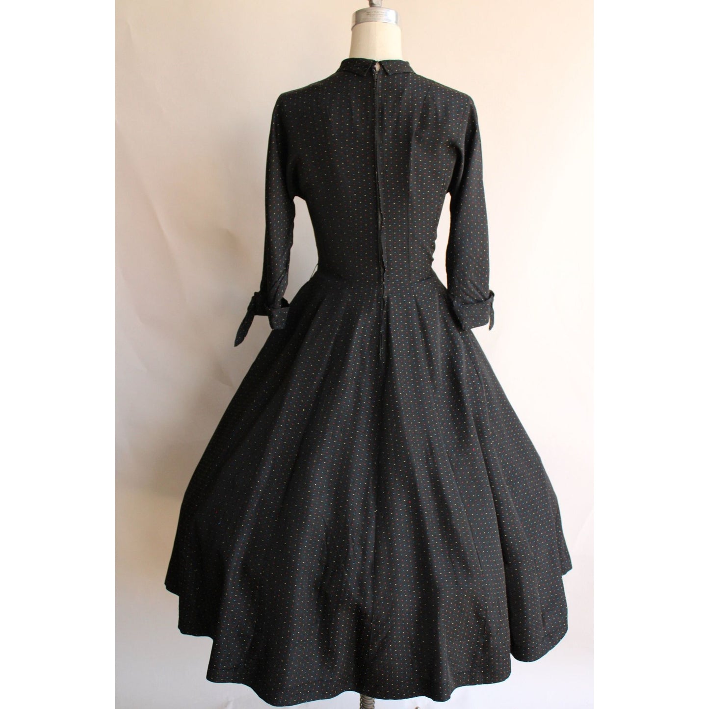 Vintage 1950s Black Taffeta Dress With Multicolor Dots and Velvet Lacing