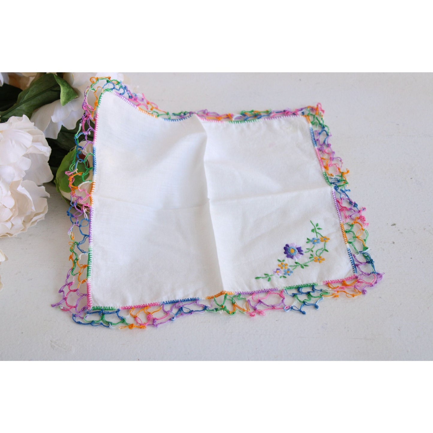 Vintage 1960s White Linen With Rainbow Crochet Trim and Embroidered Flowers Hanky