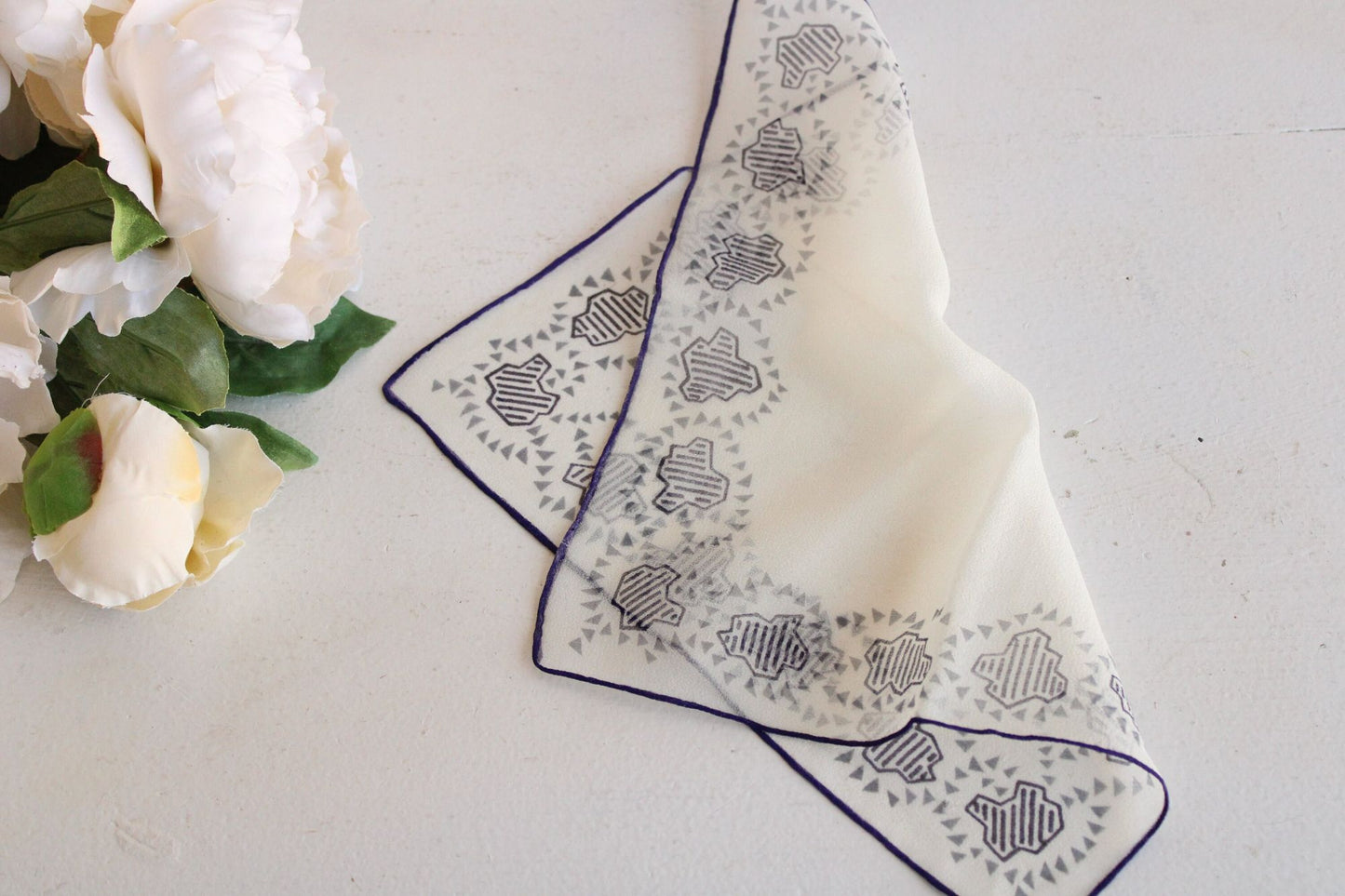 Vintage 1940s Handkerchief in Ivory Silk Chiffon with a Navy Blue pattern