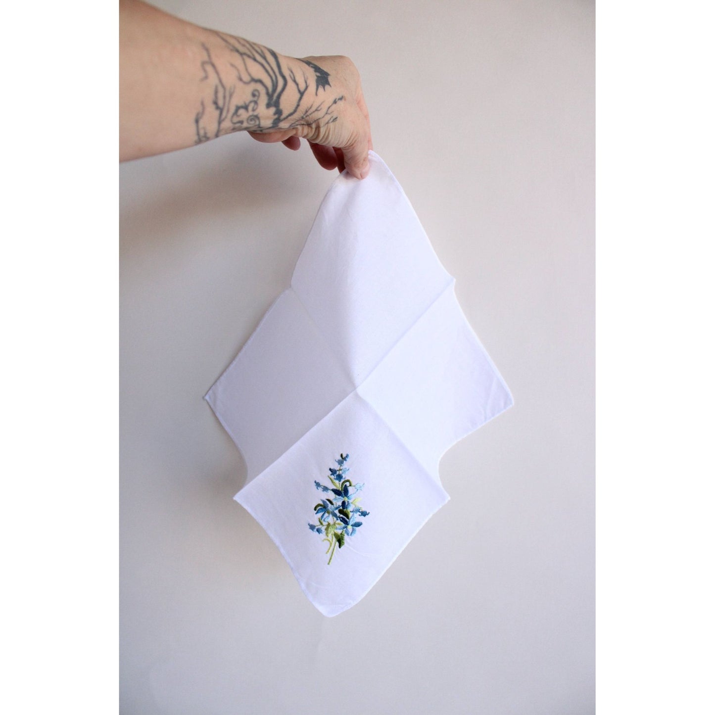 Vintage White Linen With Blue Embroidered Flowers Hankie