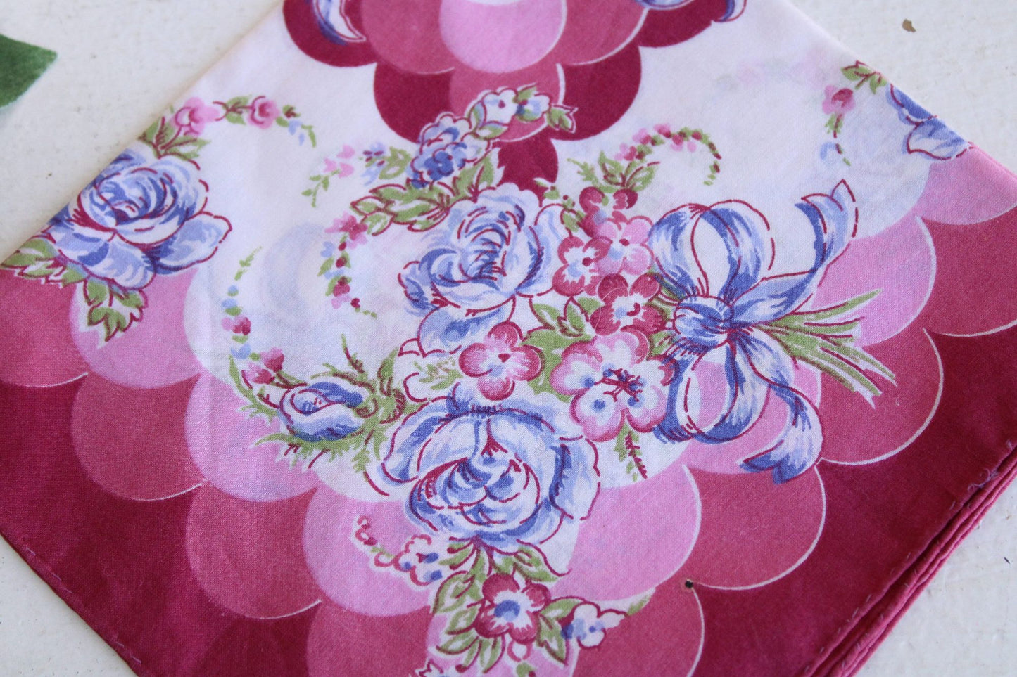 Vintage 1950s Blue Rose Flower Print Cotton Hanky