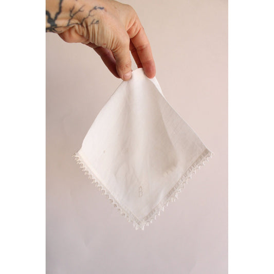 Vintage 1940s Handkerchief in White Linen, B Monogrammed with Initial / Hanky Pocket Square