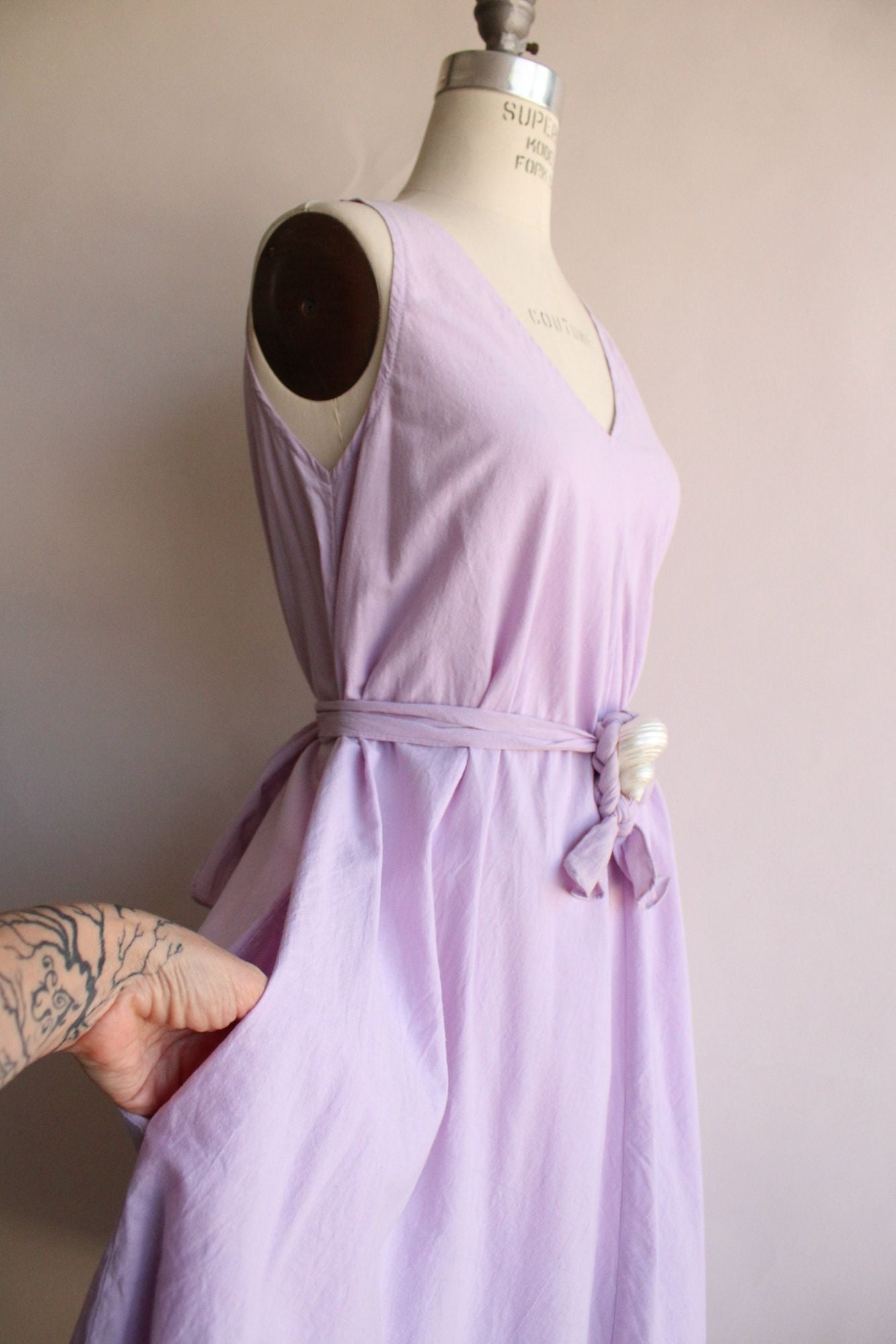Vintage 1990's Lavender Purple Cotton Sundress with Seashell Belt
