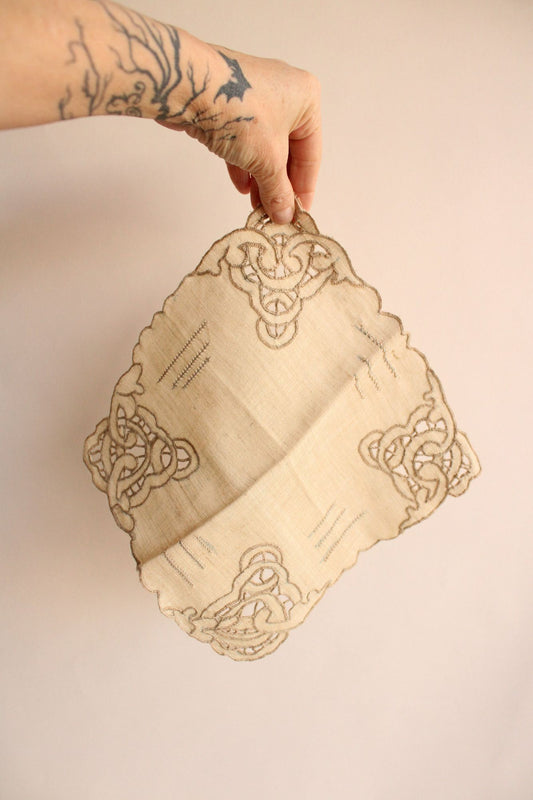 Vintage Doily, Beige Linen With Cutwork and Embroidery Trim